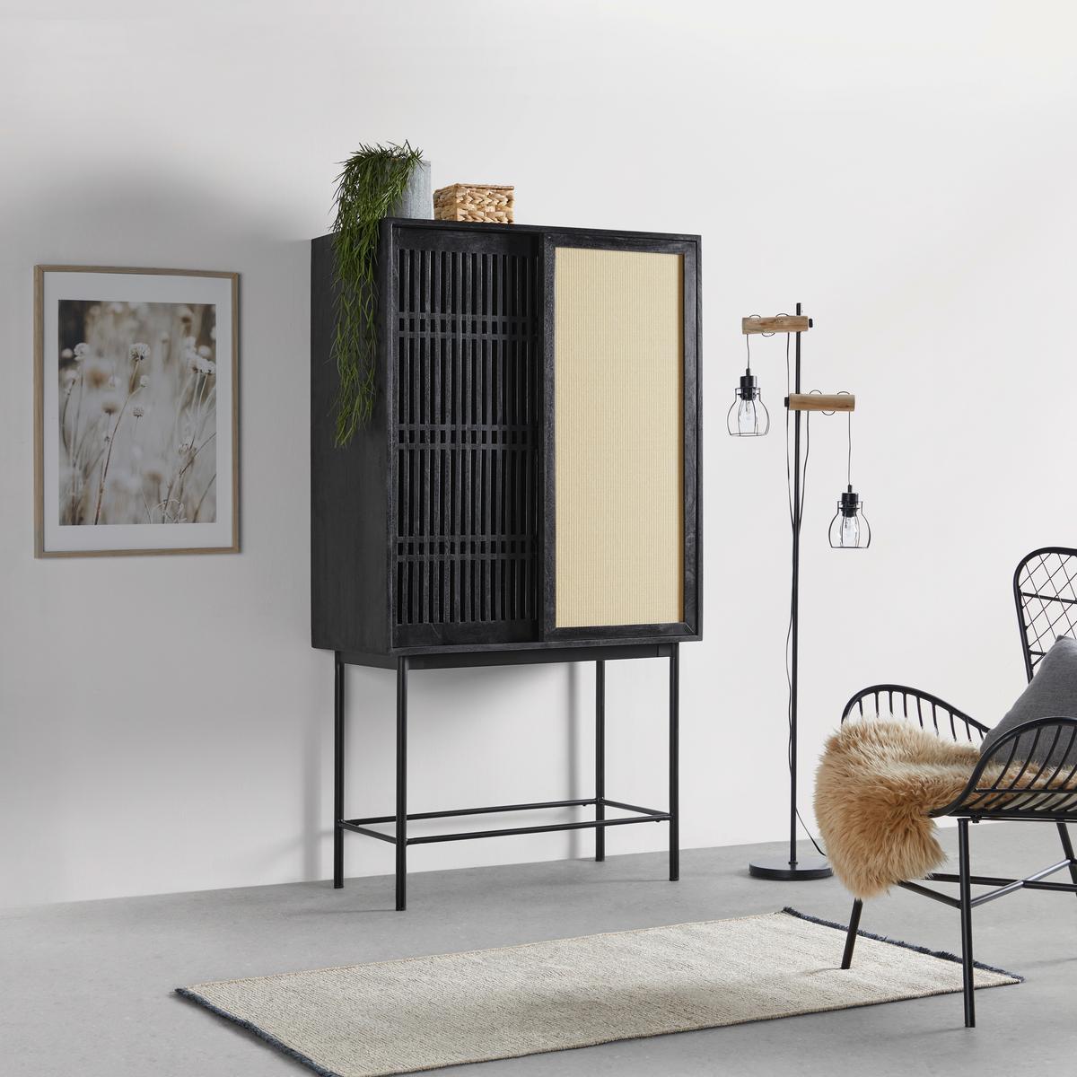 Highboard Zen in Naturfarben/Schwarz - Schwarz/Naturfarben, MODERN, Naturmaterialien/Holz (90/166/45cm) - Premium Living