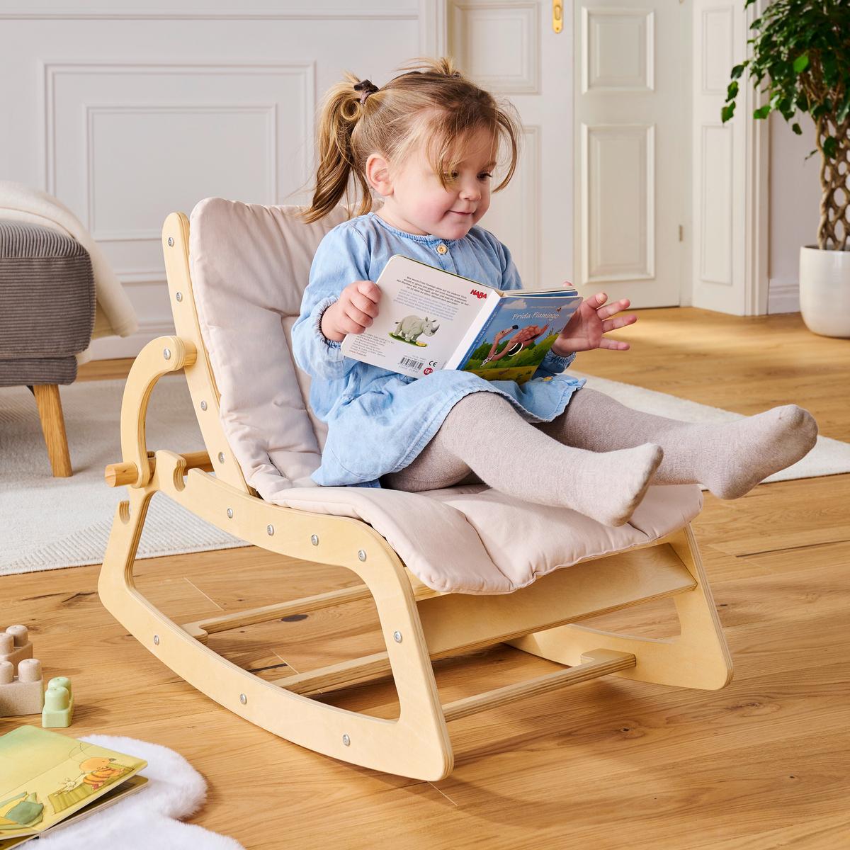 KRZESEŁKO BUJANE DLA DZIECI SWING AND MORE - beżowy/kolor naturalny, Basics, drewno/tkanina (42/70/56cm) - Jimmylee