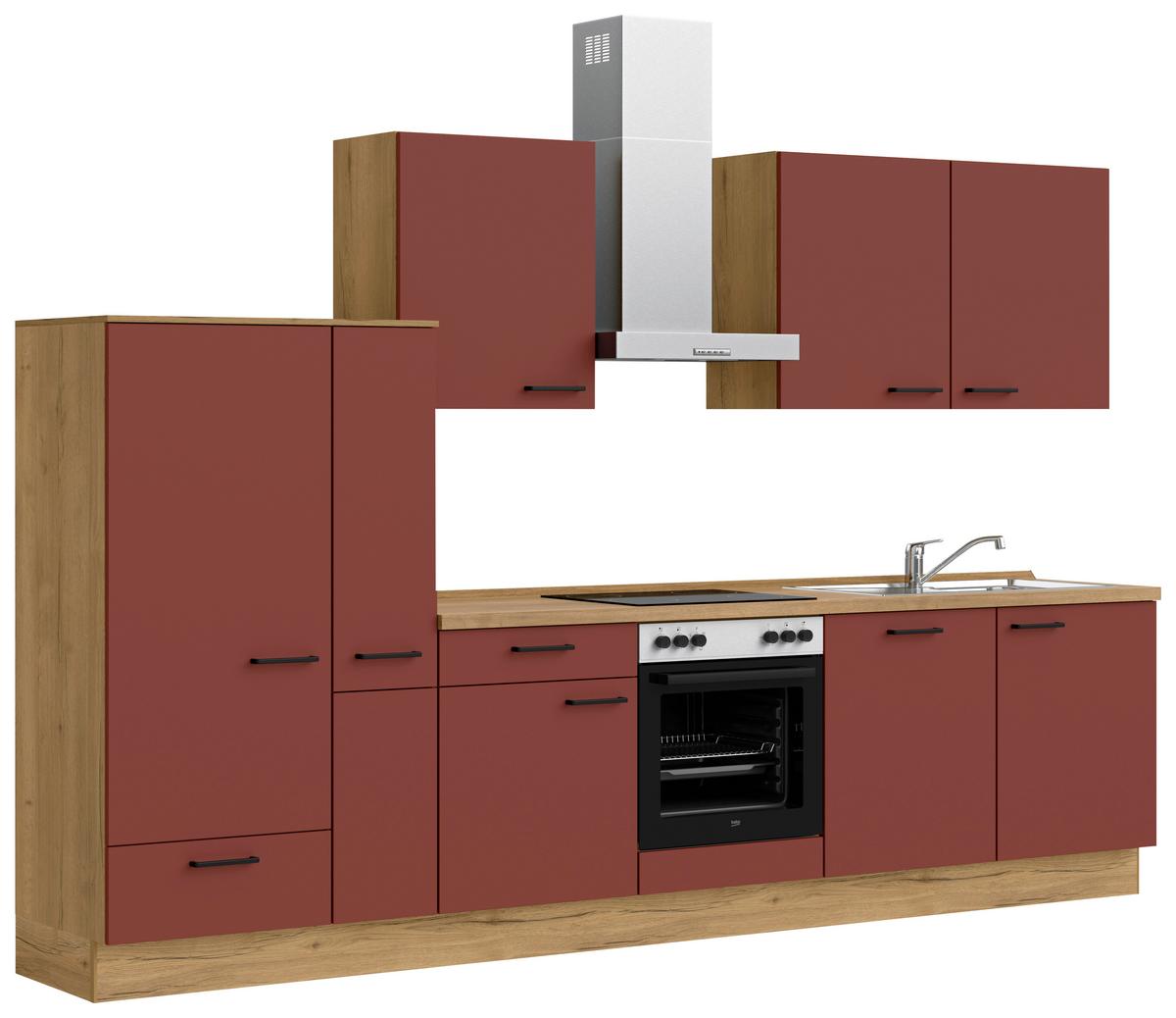 Küchenblock Easytouch Low m. Geräten Dunkelrot - Eichefarben/Schwarz, MODERN, Holzwerkstoff/Metall (330cm) - Nobilia