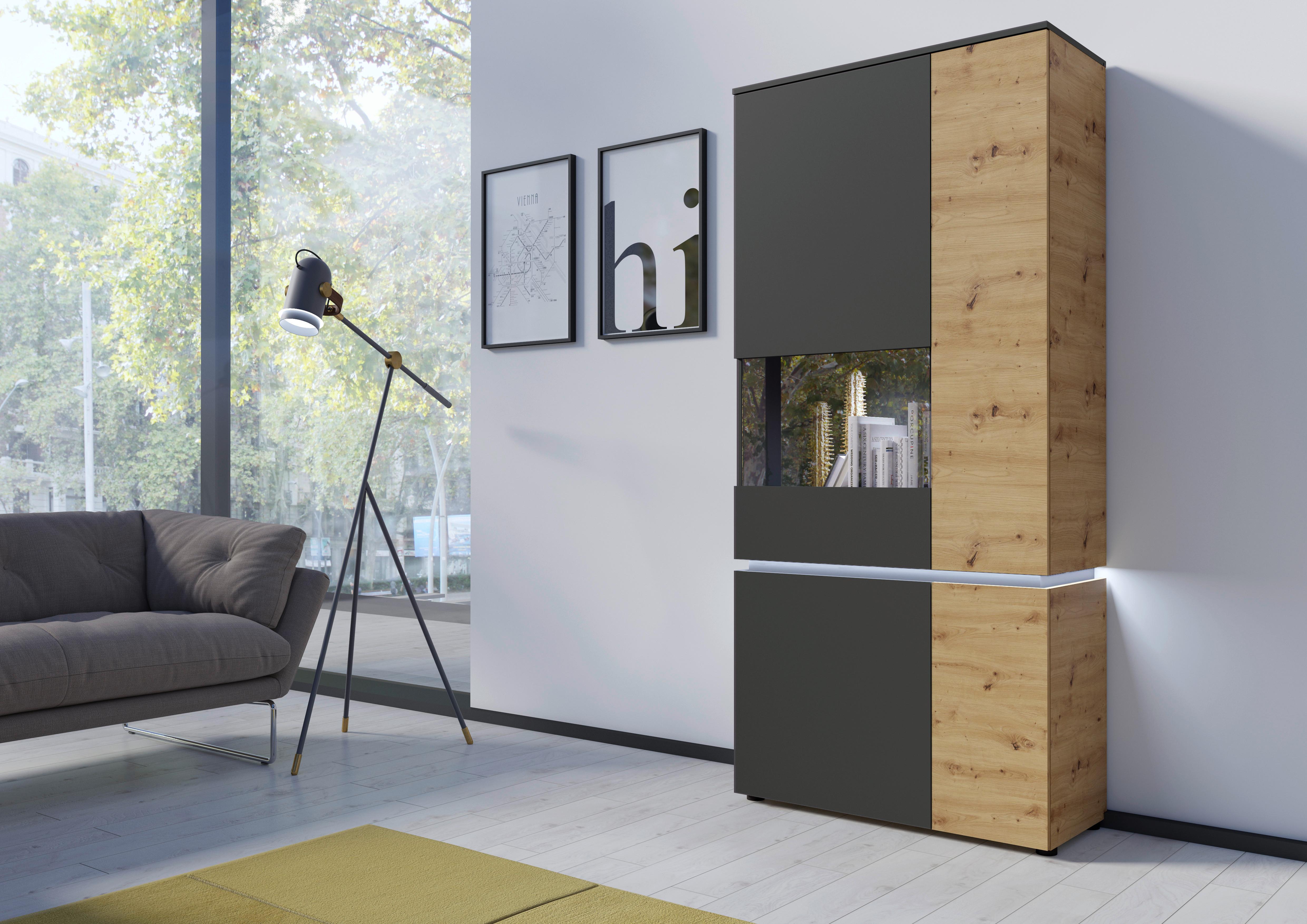 Vitrina Luci - siva/zelena, Trend, staklo/drvni materijal (90,4/199/40cm) - Modern Living