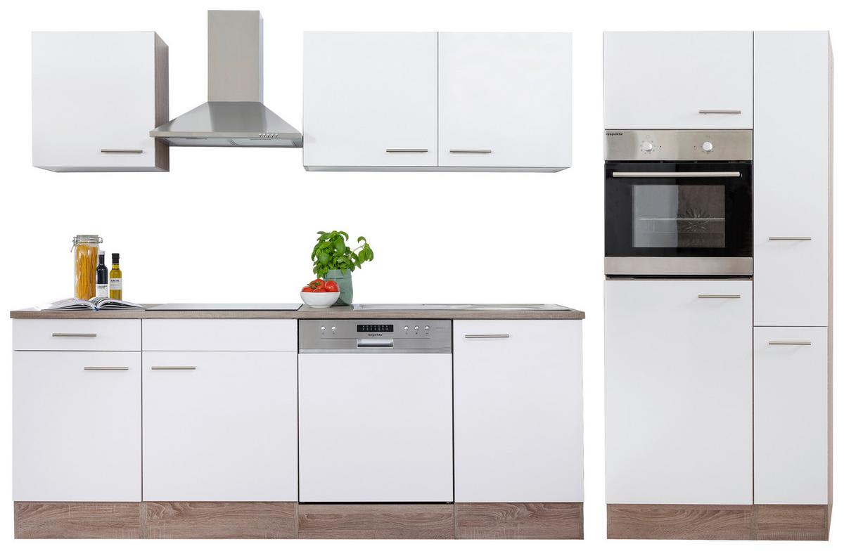 Küchenzeile mit Geräte Weiß /Eiche Dekor B: ca. 310 cm - Edelstahlfarben/Eichefarben, Design, Holzwerkstoff/Metall (310cm) - Respekta