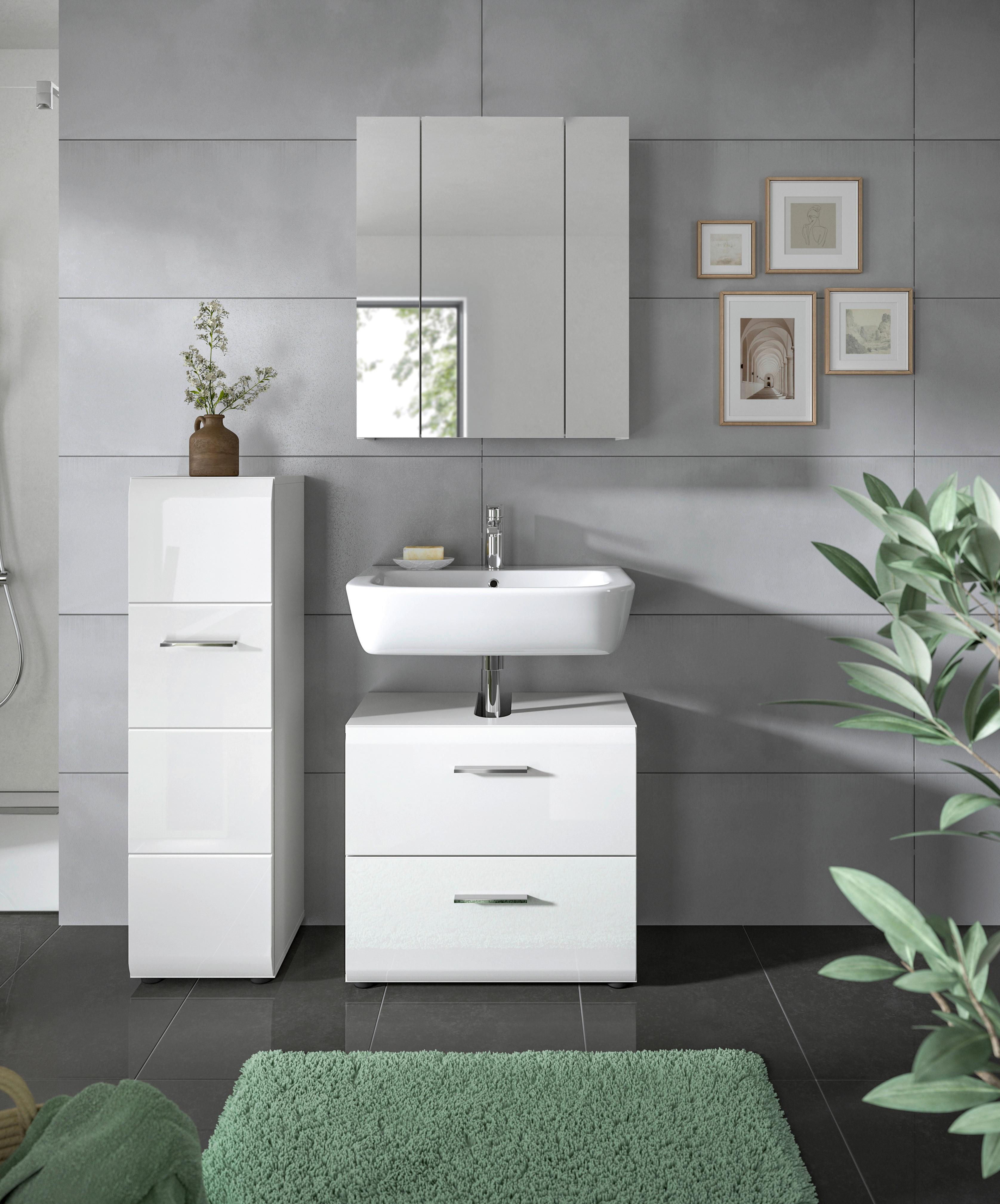 Badezimmer Ice 3-tlg. ca. 90 cm Weiß - Weiß Hochglanz/Silberfarben, MODERN, Holzwerkstoff/Kunststoff (90cm) - MID.YOU