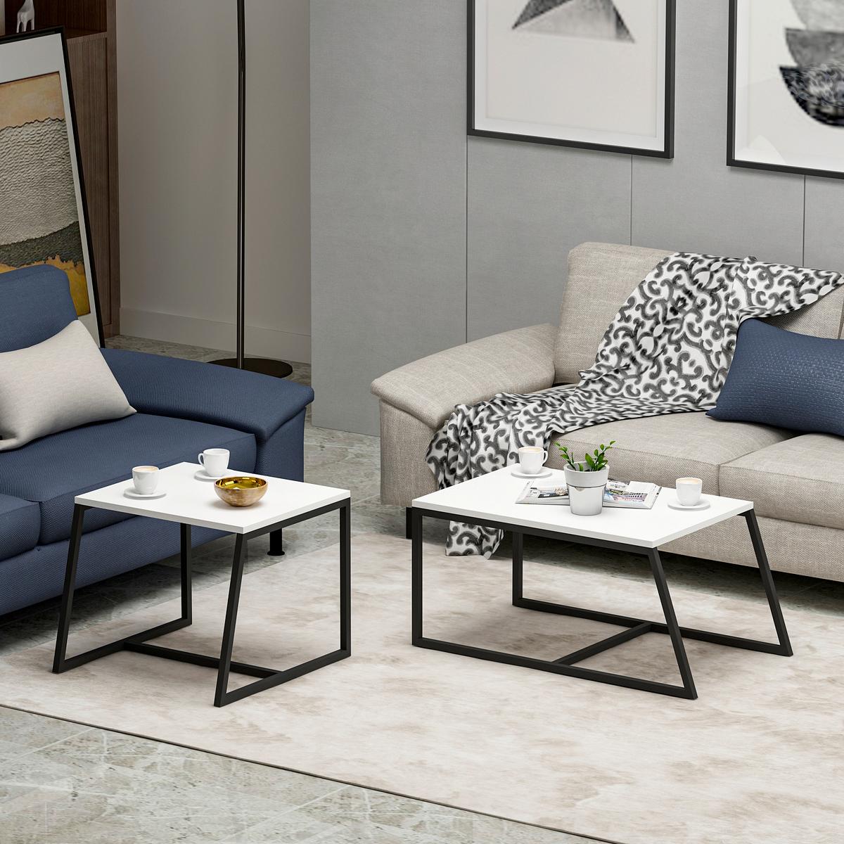 Couchtischset Minimal Couchtisch - Weiss/Schwarz, Design, Holzwerkstoff/Metall (75-55/38-45/50-47cm) - Livetastic