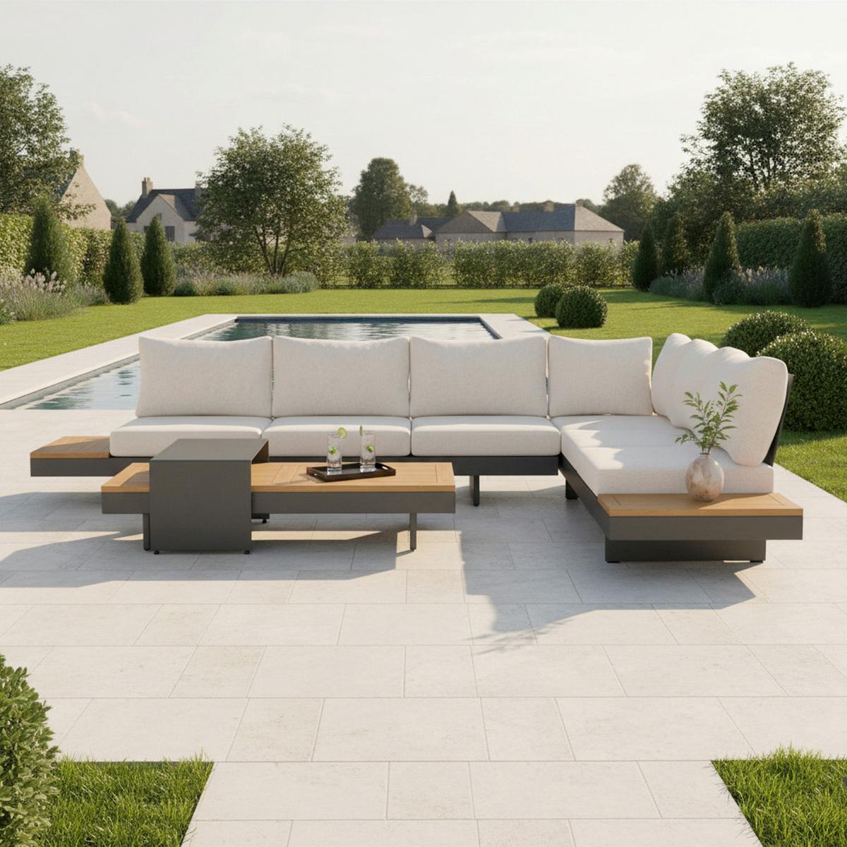 Loungegarnitur-Set Amaia Creme Metall/Outdoorstoff - Beige/Anthrazit, MODERN, Holz/Textil - Bessagi Garden