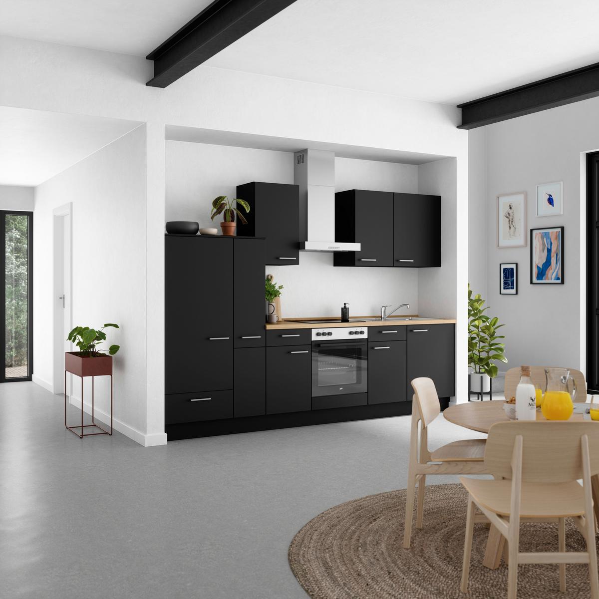 Küchenblock Touch Low m. Geräten Schwarz - Edelstahlfarben/Eichefarben, MODERN, Holzwerkstoff/Metall (300cm) - Nobilia