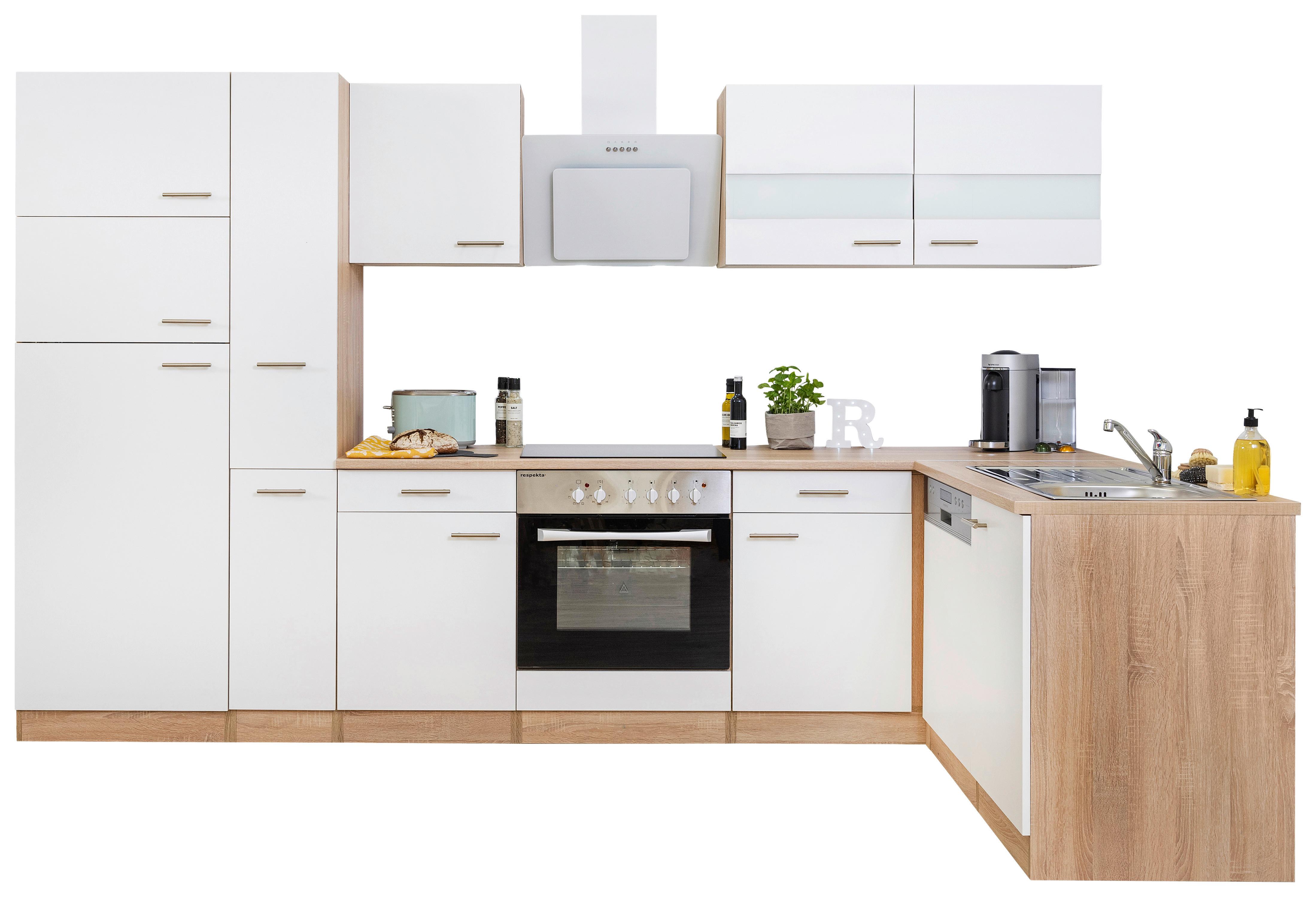 Eckküche Economy Weiß/ Eichefarben ca. 310x200 cm - Edelstahlfarben/Eichefarben, Basics, Holzwerkstoff/Metall (310/200/172cm) - Respekta