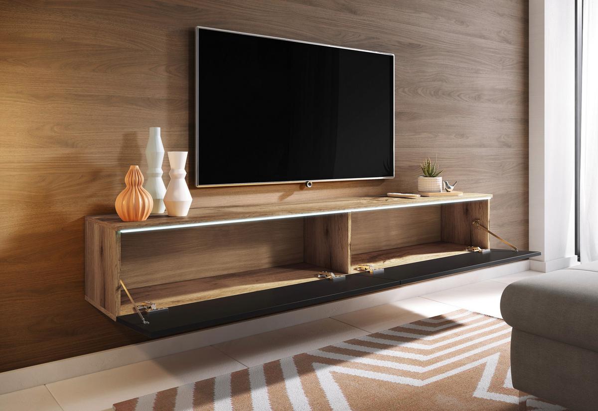 Lowboard ca. 180x30 cm mit LED Eiche Wotan/Schwarz - Schwarz Hochglanz/Eiche Wotan, LIFESTYLE, Holzwerkstoff/Kunststoff (180/30/33cm) - P & B