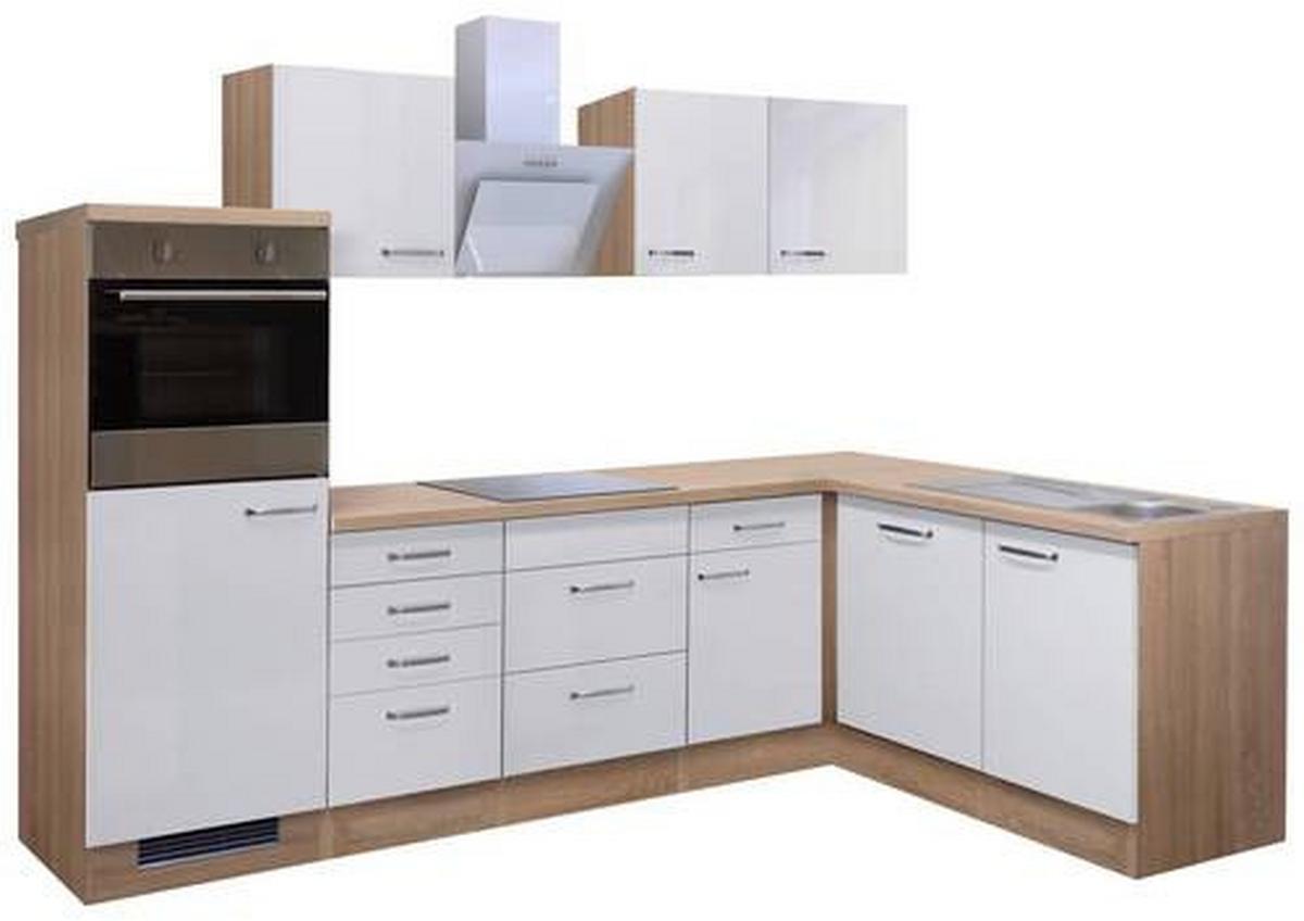 Eckküche Valero ca. 280x170cm Weiß Hochglanz/Sonoma Eiche - Edelstahlfarben/Weiß Hochglanz, Basics, Holzwerkstoff/Metall (280/170cm) - FlexWell