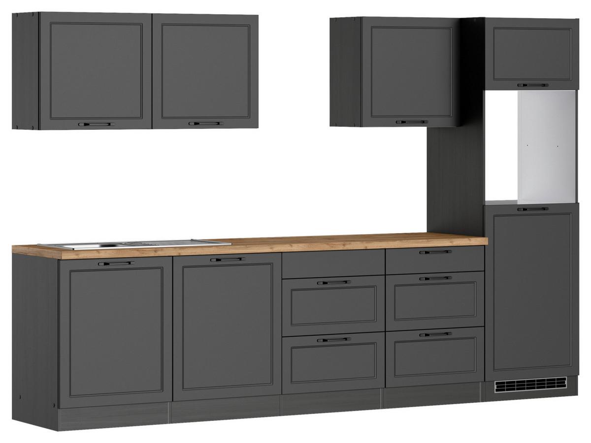 Küchenzeile Meran ohne Geräte ca. 300 cm Grau/Eiche - Eiche Wotan/Schwarz, LIFESTYLE, Holzwerkstoff/Metall (300cm) - Held