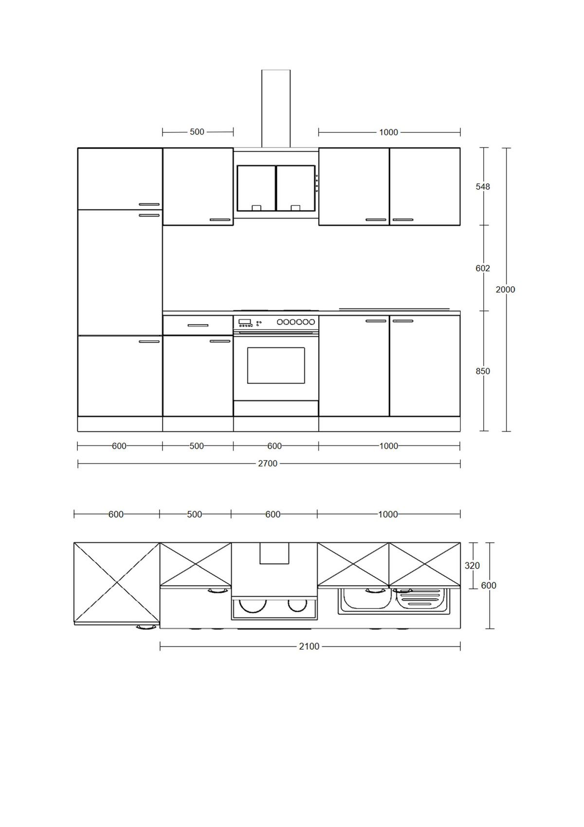 Küchenblock Cara mit Geräten ca. 270 cm Grün/Eiche - Schilfgrün/Schwarz, Basics, Holzwerkstoff/Metall (270cm) - FlexWell