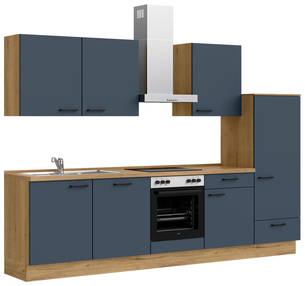 Küchenblock Easytouch Low m. Geräten Dunkelblau - Eichefarben/Schwarz, MODERN, Holzwerkstoff/Metall (300cm) - Nobilia
