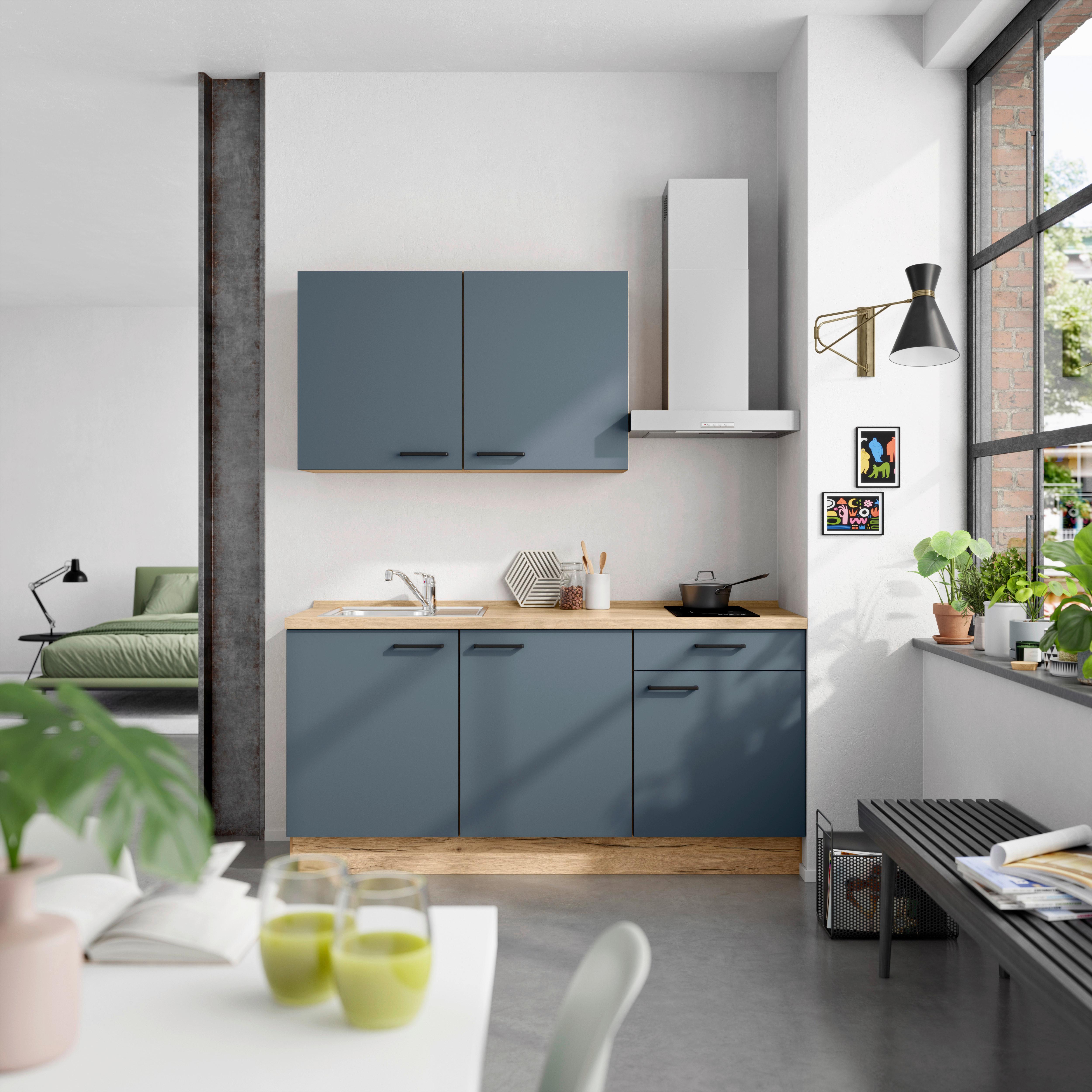 Küchenblock Easytouch Low m. Geräten Dunkelblau - Eichefarben/Schwarz, MODERN, Holzwerkstoff/Metall (180cm) - Nobilia