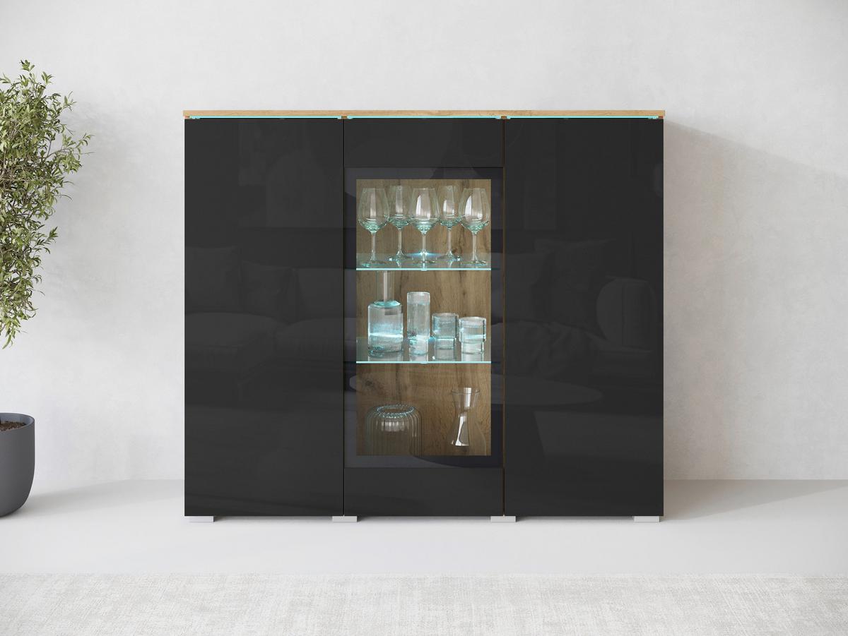 Visoka Komoda Vera 120, Črna, Barva Hrasta - hrast wotan/črna, Trend, umetna masa/steklo (120/103,3/39,5cm) - P & B