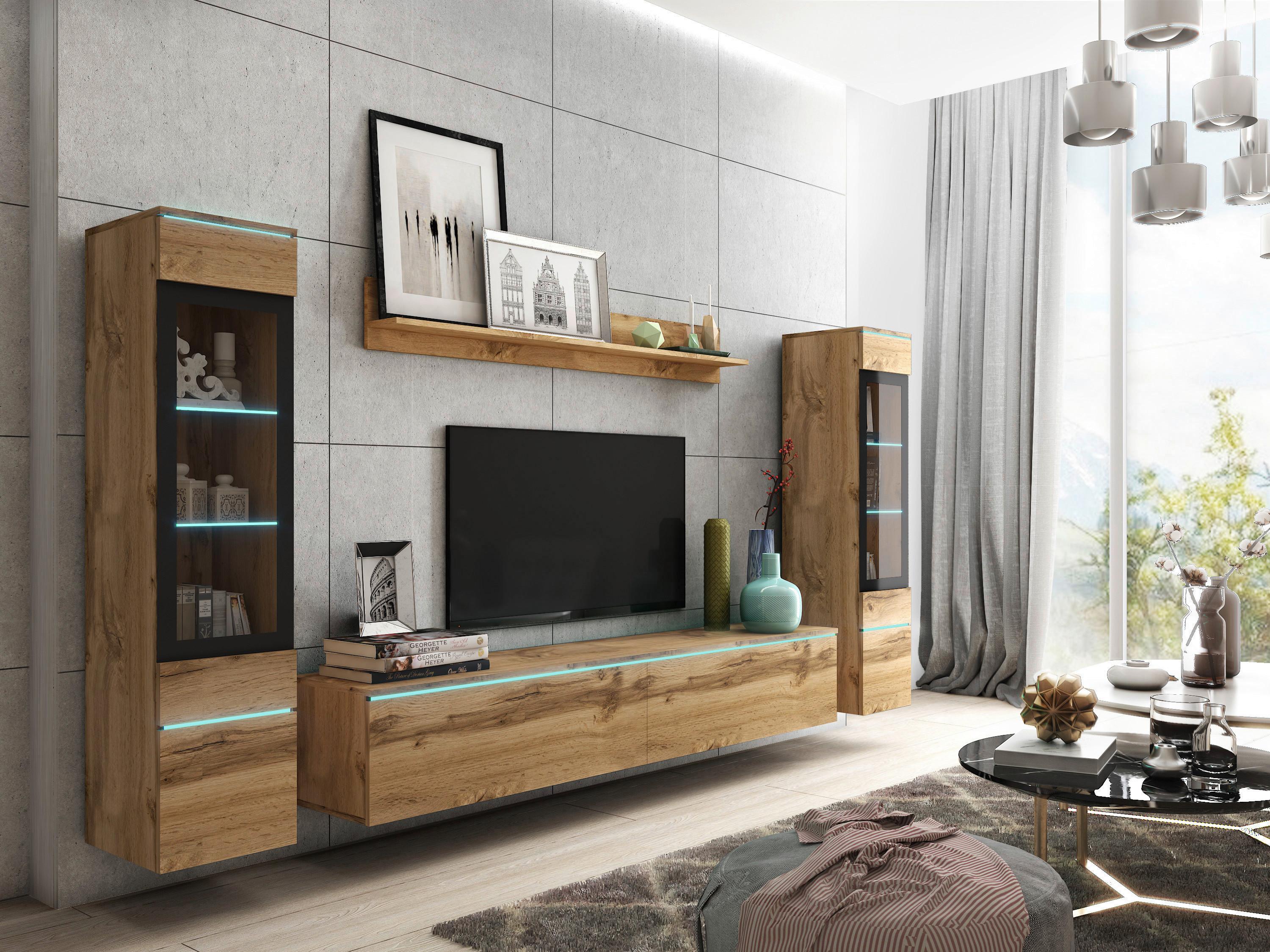 Wohnwand Vera ca.240x130x33cm Eiche Wotan mit LED - Eiche Wotan/Grau, LIFESTYLE, Glas/Holzwerkstoff (240/130/33cm) - P & B