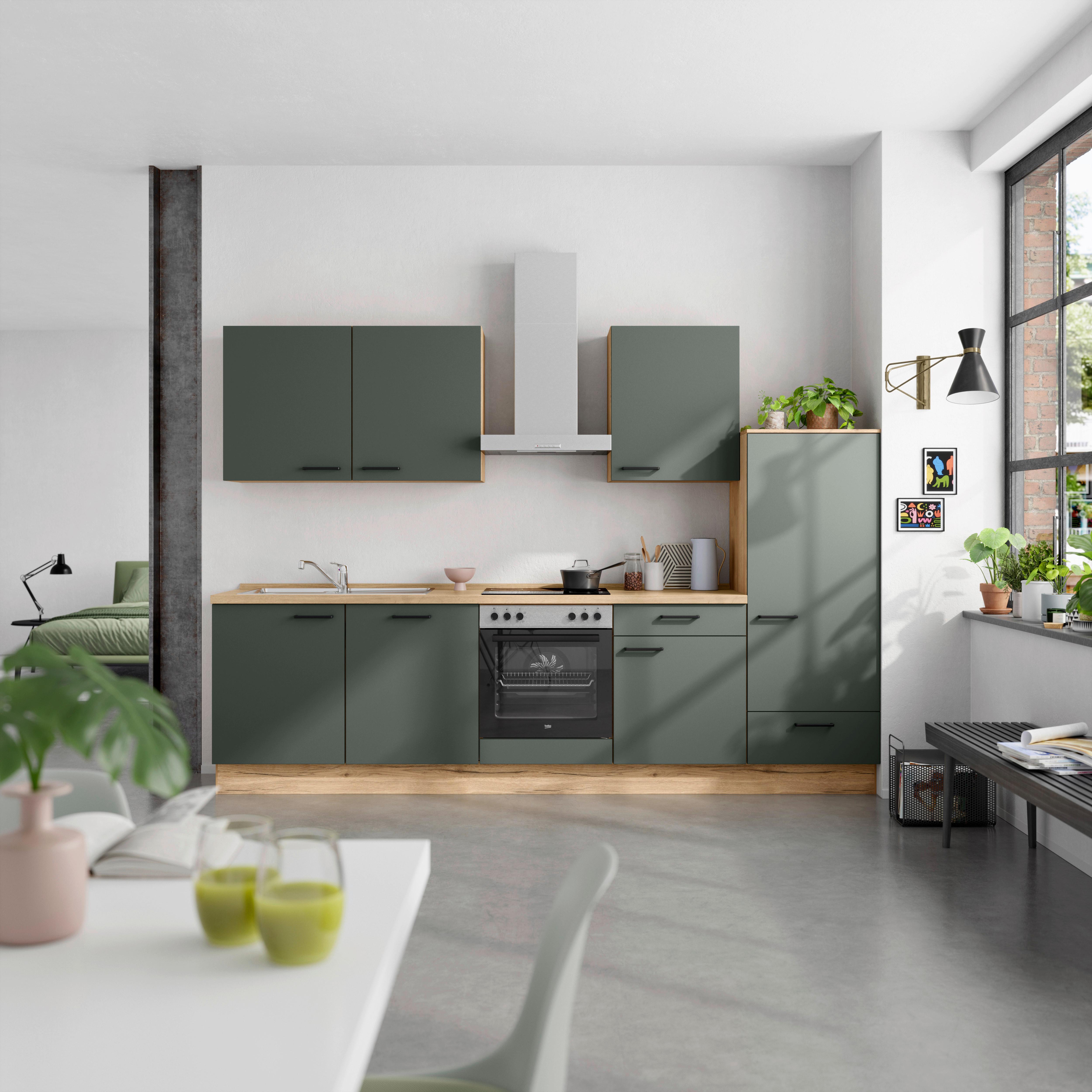 Küchenblock Easytouch m. Geräten Dunkelgrün - Dunkelgrün/Eichefarben, MODERN, Holzwerkstoff/Metall (300cm) - Nobilia