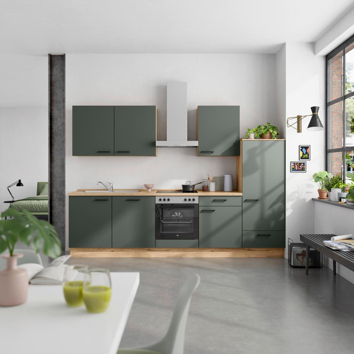 Küchenblock Easytouch m. Geräten Dunkelgrün - Dunkelgrün/Eichefarben, MODERN, Holzwerkstoff/Metall (300cm) - Nobilia