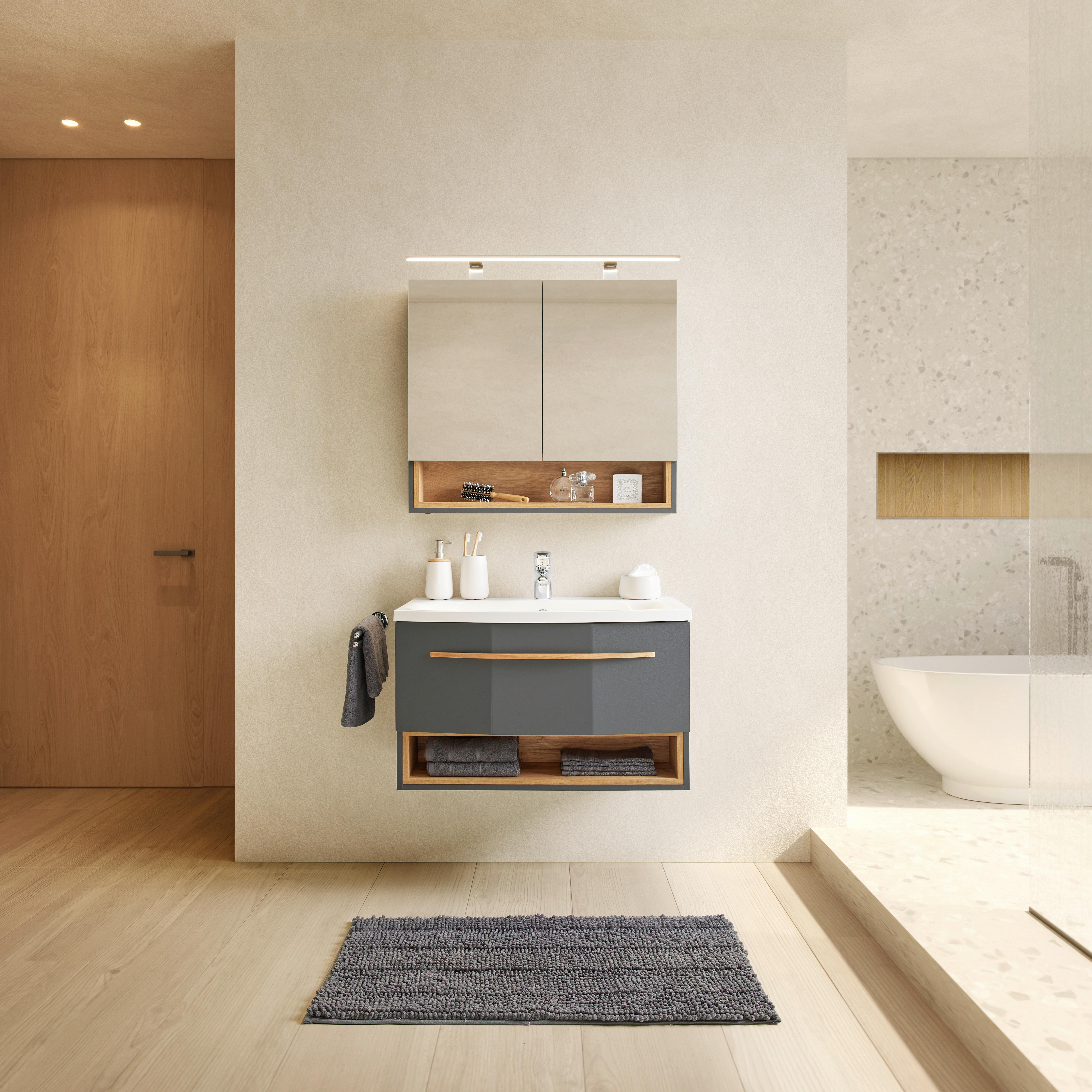 Waschtischkombi "Atlanta" mit Waschbecken & Spiegelschrank - Dunkelgrau/Weiß, MODERN, Holz (80/180/50cm) - Bessagi Home