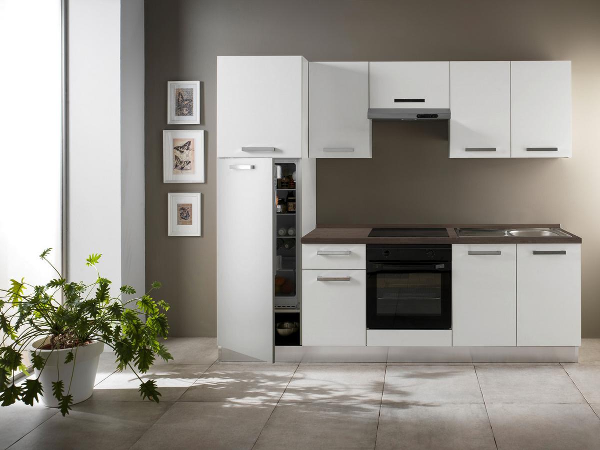 Küchenblock Belluna m. Geräten Weiß - Eiche dunkel/Alufarben, Basics, Holzwerkstoff/Kunststoff (250cm) - MID.YOU