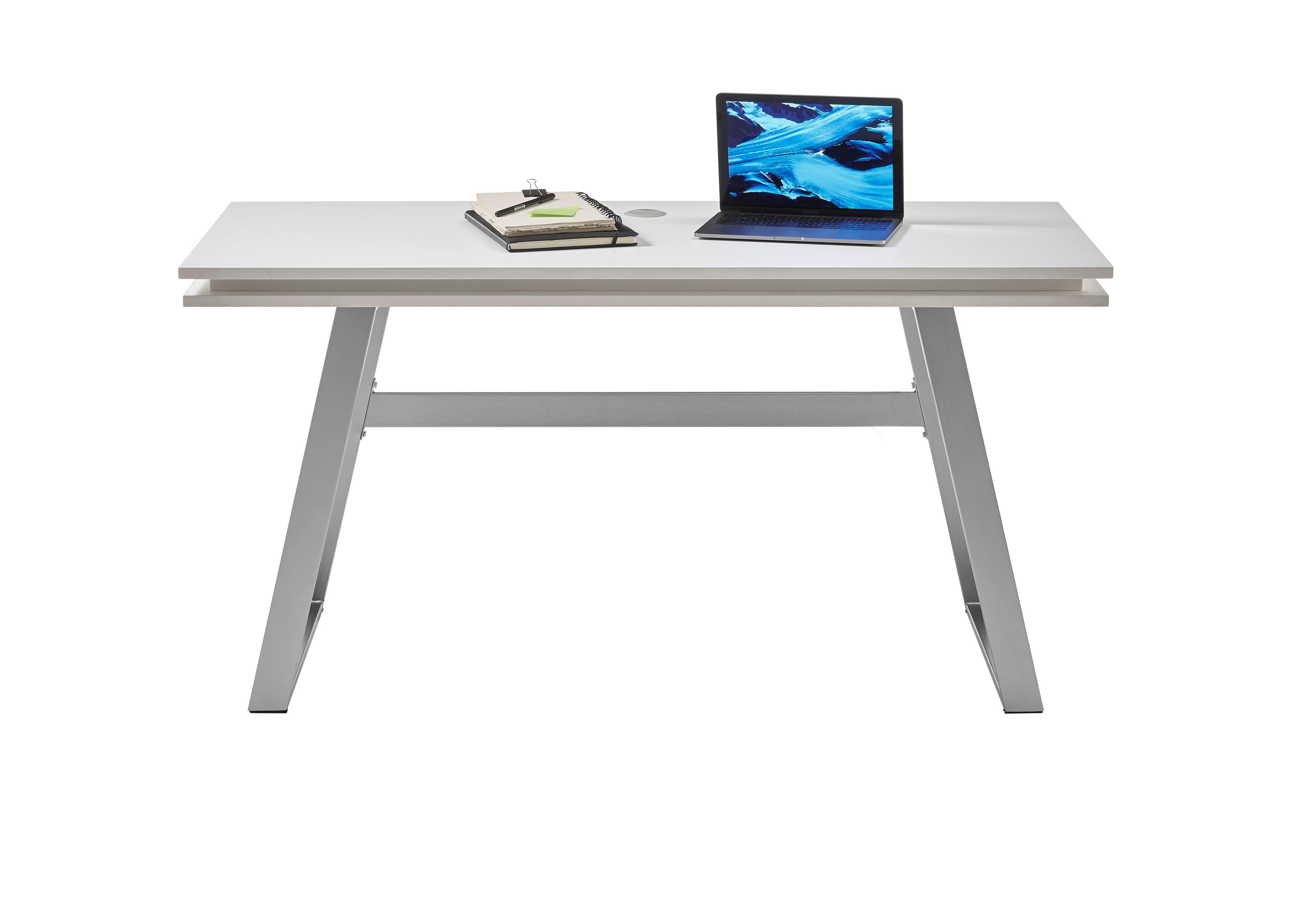 Schreibtisch in Weiss mit Beleuchtung - Weiss/Edelstahlfarben, Modern, Holzwerkstoff/Metall (140/75/60cm) - Mömax