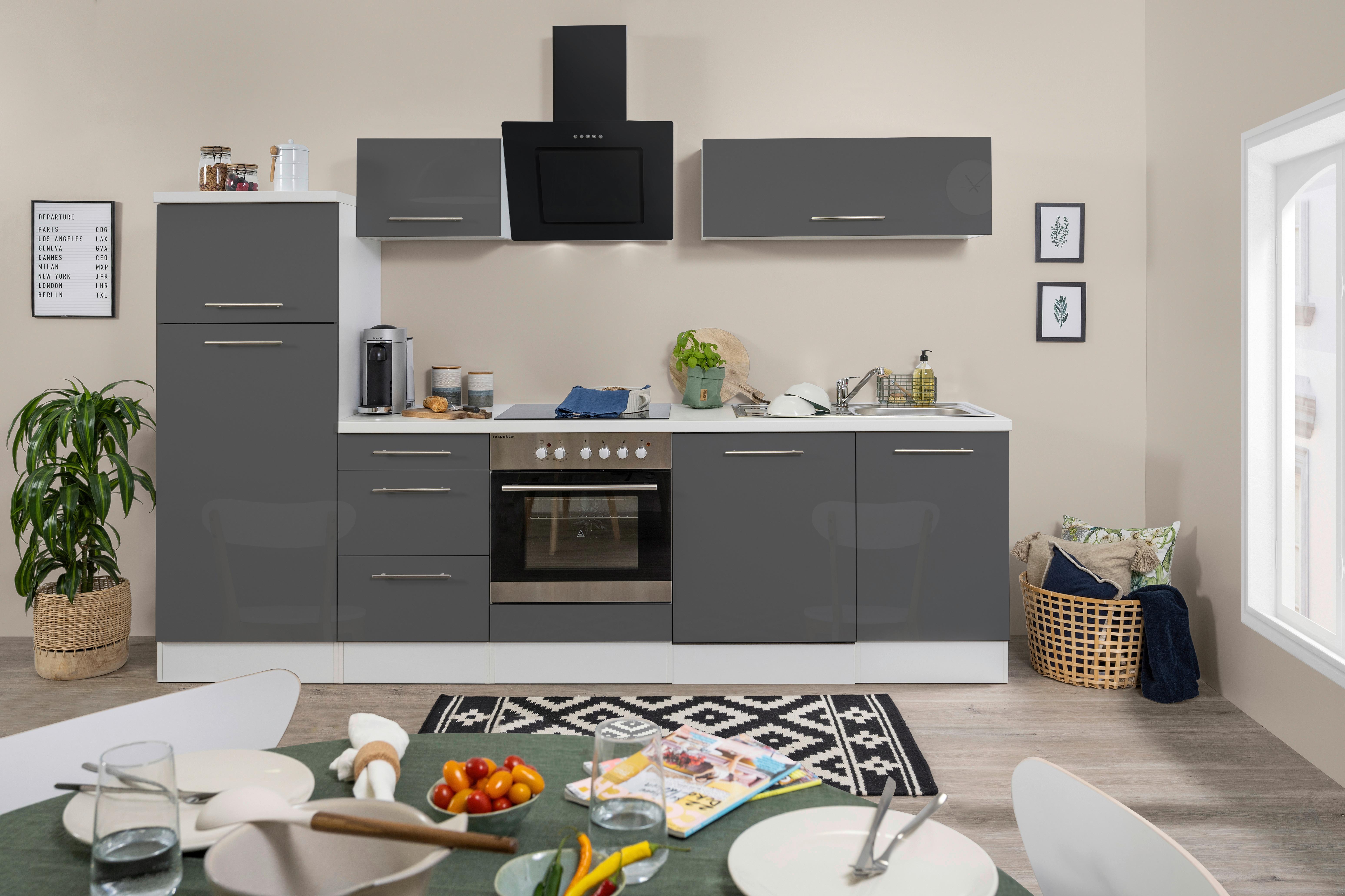 Küchenzeile mit Geräte Grau/Weiß B: ca. 280 cm - Alufarben/Weiß, KONVENTIONELL, Holzwerkstoff/Metall (280cm) - Respekta