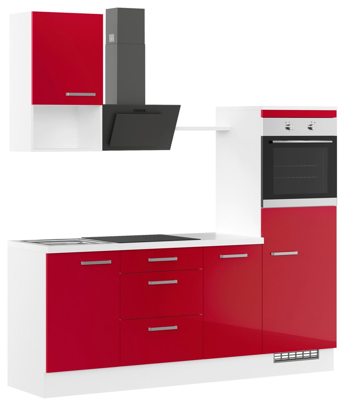 Küchenblock mit Geräten ca. 215 cm Rot/Weiß - Edelstahlfarben/Rot, Trend, Holzwerkstoff/Metall (215cm) - Impuls