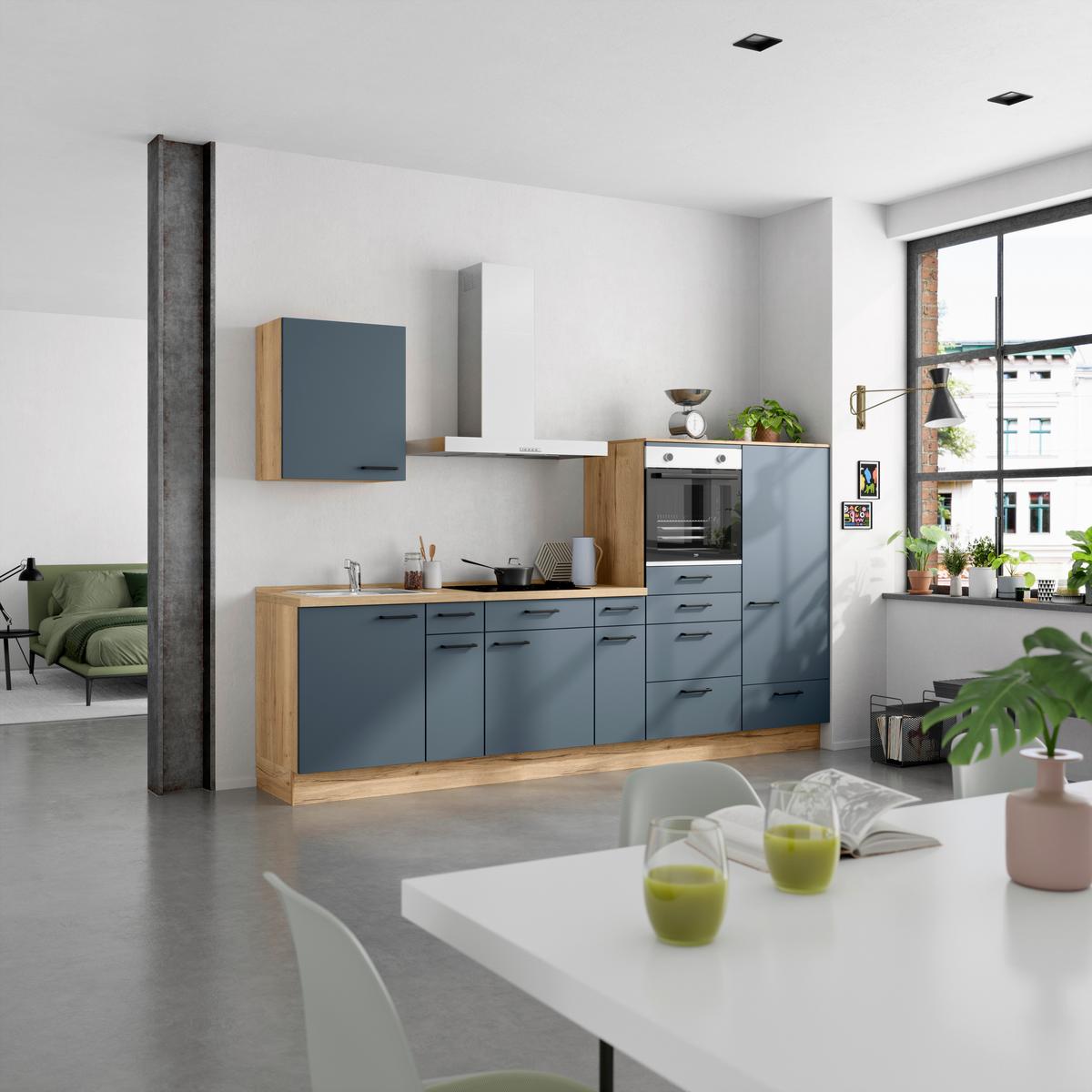 Küchenblock Easytouch Low m. Geräten Blau - Blau/Eichefarben, MODERN, Holzwerkstoff/Metall (300cm) - Nobilia