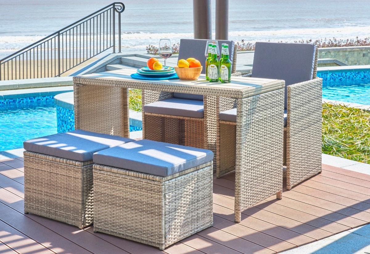 Gartenset 5-tlg. Naturfarben/Grau - Naturfarben/Grau, Design, Kunststoff/Textil - Gardenson