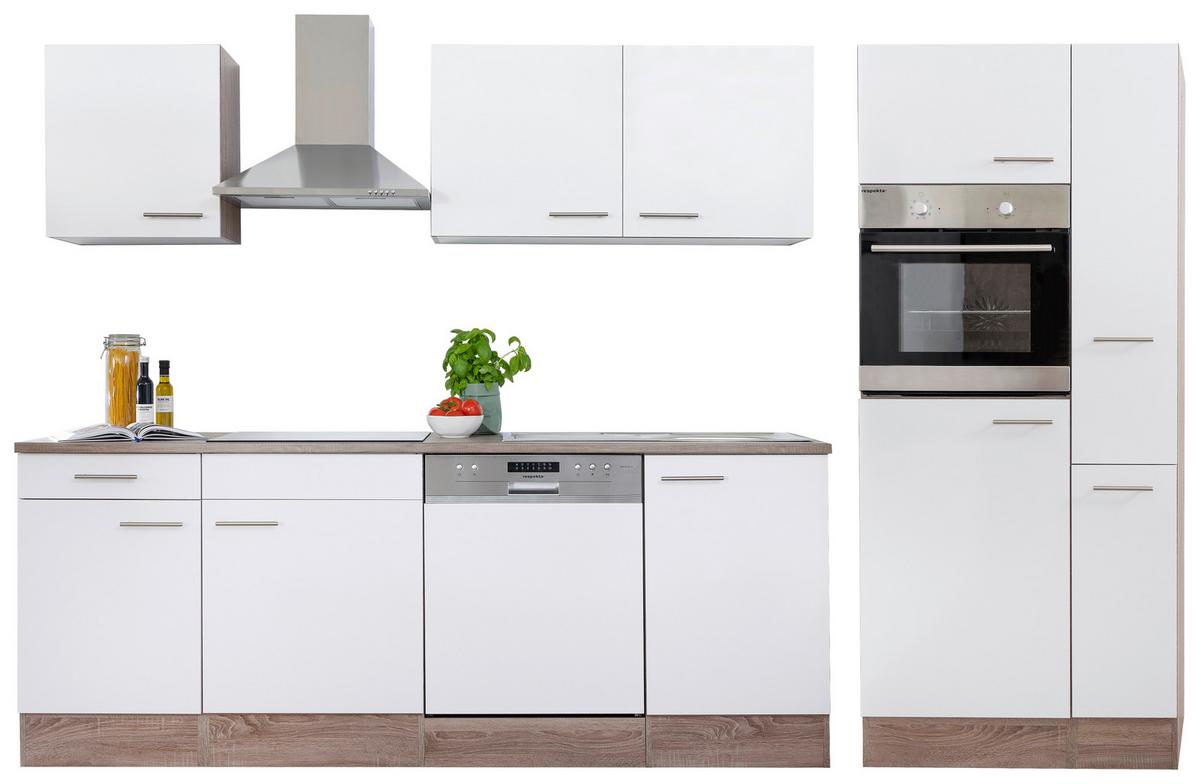 Küchenzeile mit Geräte Weiß /Eiche Dekor B: ca. 310 cm - Edelstahlfarben/Eichefarben, Design, Holzwerkstoff/Metall (310cm) - Respekta