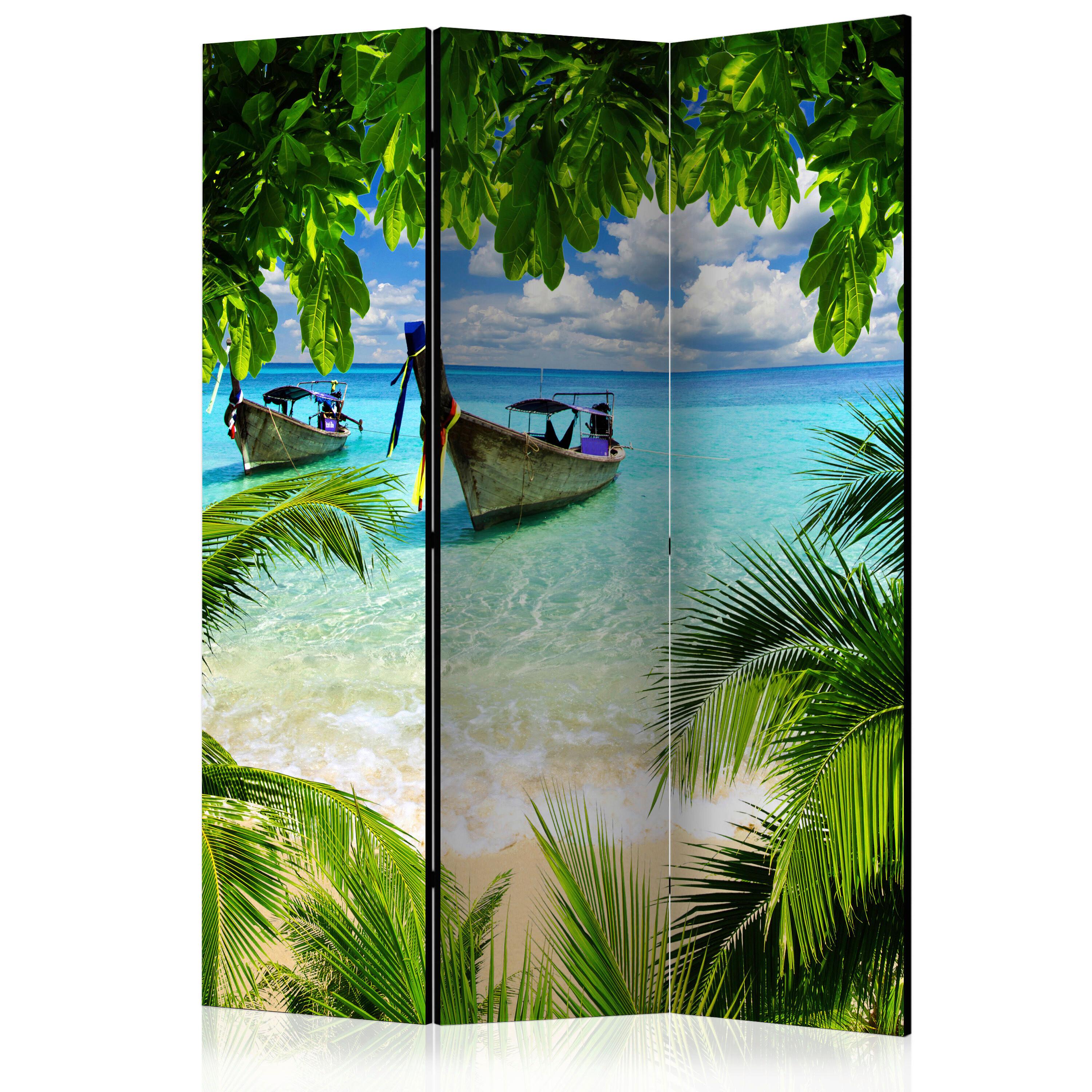 Paravan Tropical Paradise, 3-Delni, Dvostranski - svetlo modra/zelena, Basics, tekstil/les (135/172/3cm) - artgeist