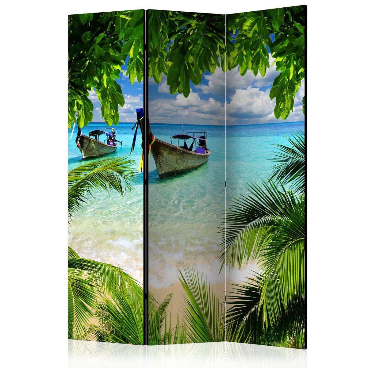 Paravan Tropical Paradise, 3-Delni, Dvostranski - svetlo modra/zelena, Basics, tekstil/les (135/172/3cm) - artgeist