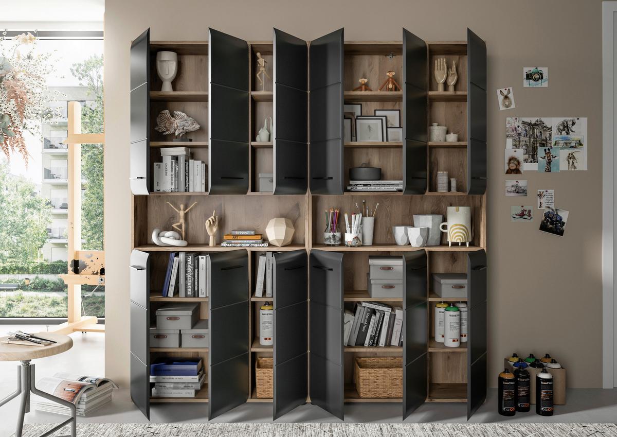 Hochschrank Ice Schwarz/Eiche dunkel - Eiche dunkel/Schwarz, Basics, Holzwerkstoff/Kunststoff (180/185/30cm) - MID.YOU