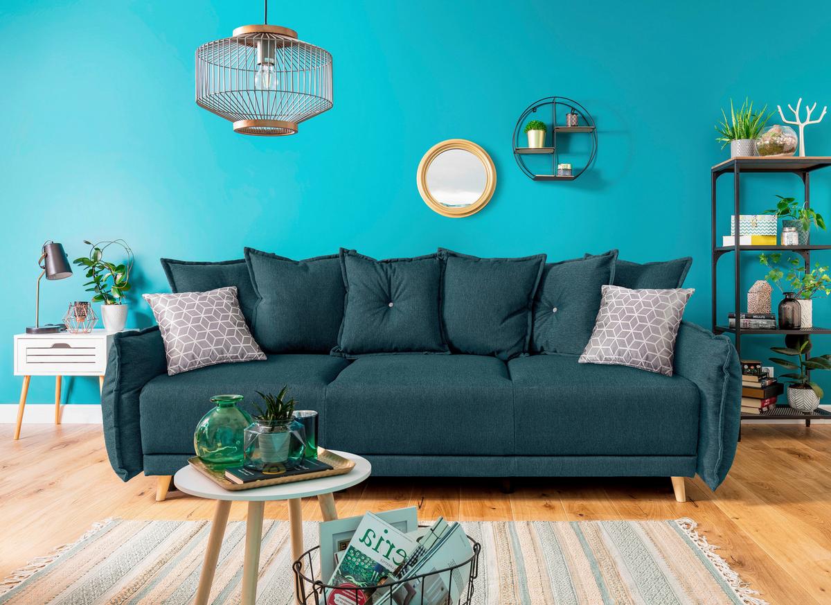 SOFA Z FUNKCJĄ SPANIA LAZY LUKKA PETROL - beżowy/petrol, Basics, tkanina/drewno (230/80/100cm) - MID.YOU
