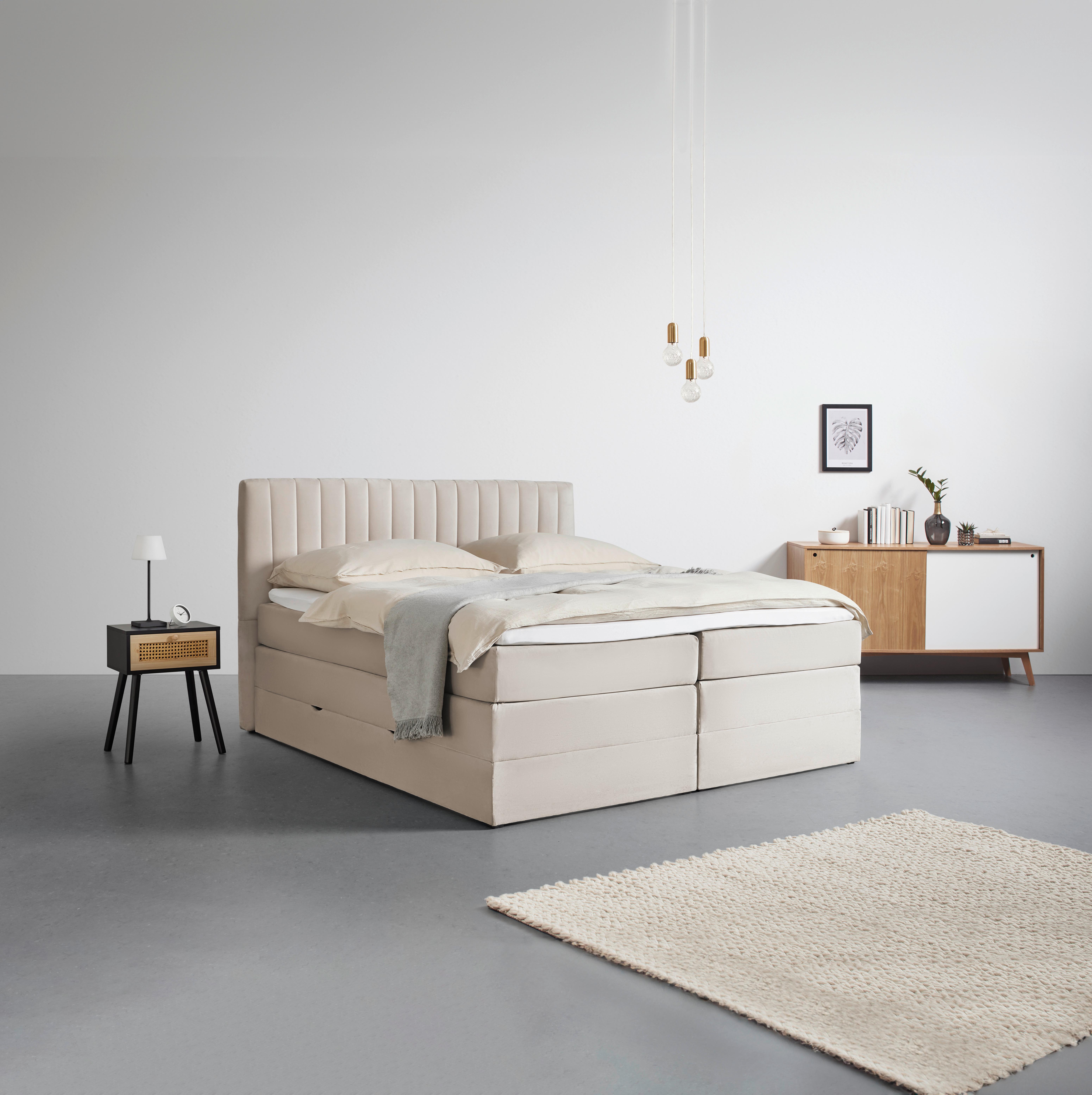 Boxspringbett Simon in Beige ca. 180x200cm - Beige/Schwarz, KONVENTIONELL, Holz/Kunststoff (180/200cm) - Premium Living