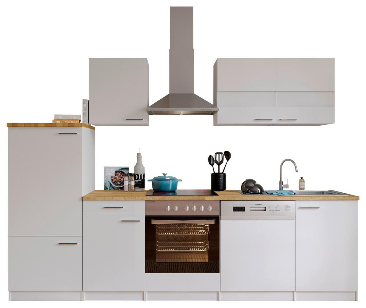 Küchenzeile ohne Geräte Weiß/Nussbaum B: ca. 280 cm - Silberfarben/Nussbaumfarben, Basics, Holzwerkstoff/Metall (280/200/60cm) - Respekta