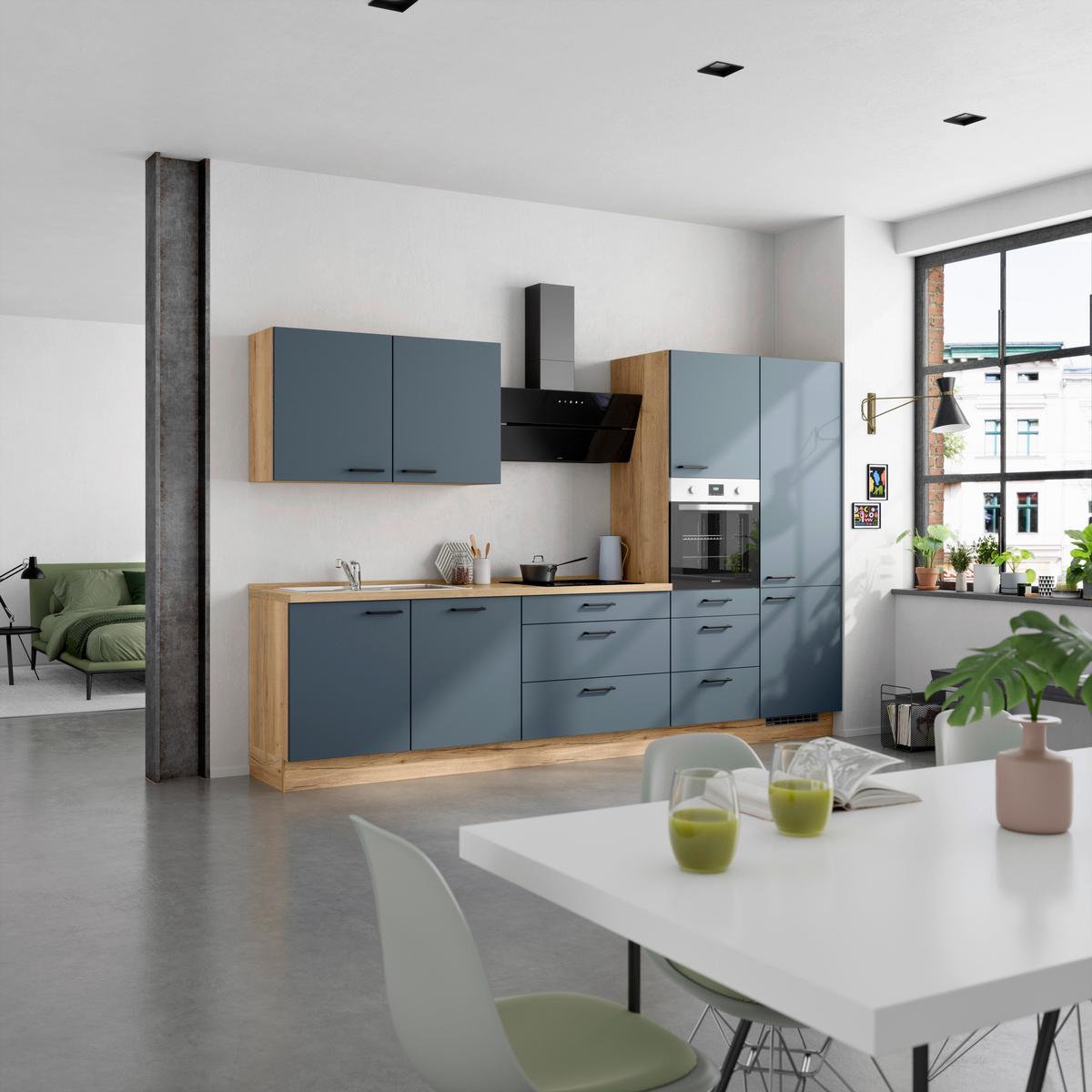 Küchenblock Easytouch High m. Geräten Dunkelblau - Eichefarben/Schwarz, MODERN, Holzwerkstoff/Metall (330cm) - Nobilia