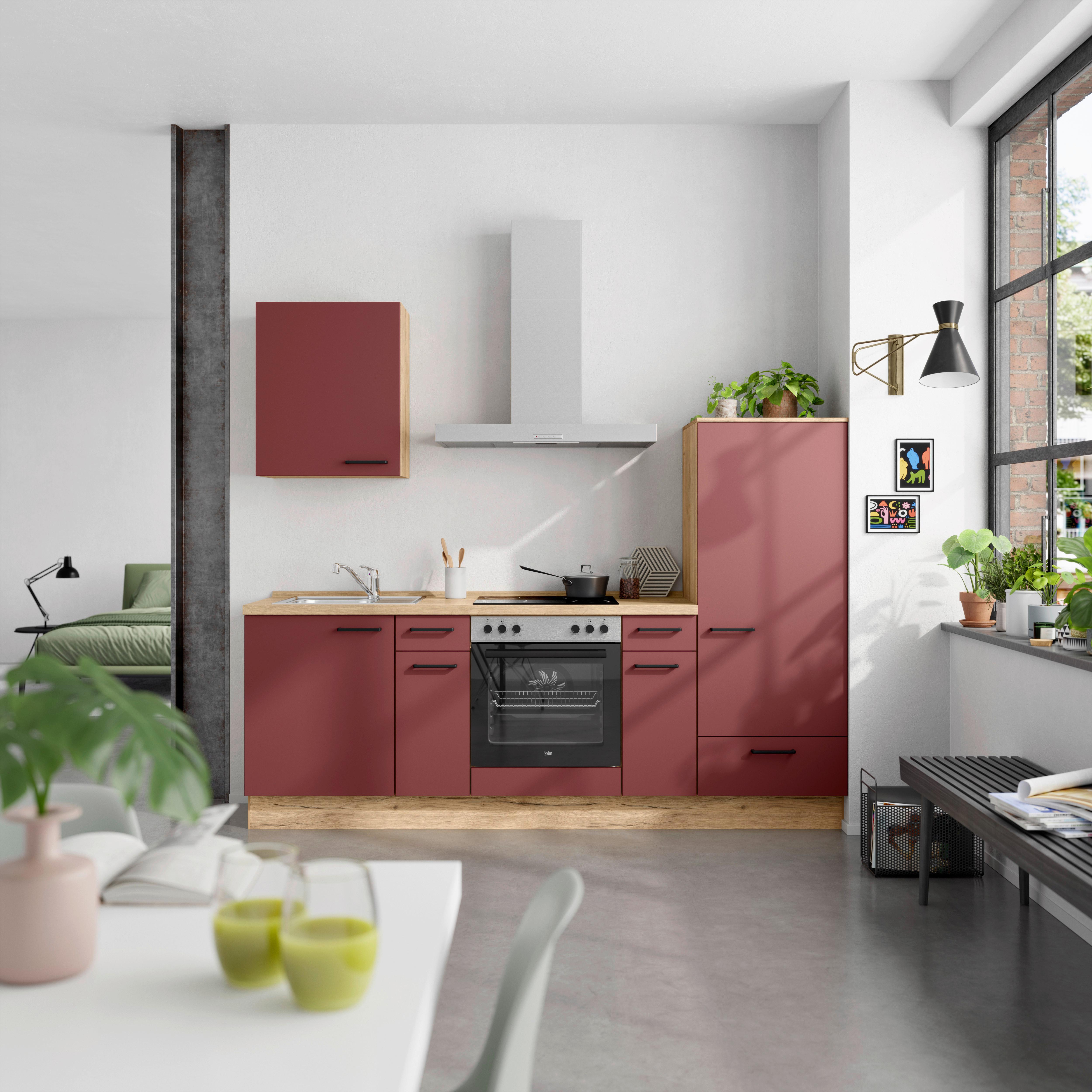 Küchenblock Easytouch Low m. Geräten Dunkelrot - Eichefarben/Schwarz, MODERN, Holzwerkstoff/Metall (240cm) - Nobilia