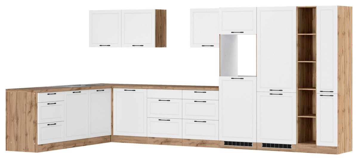 Eckküche Meran mit Geräten ca. 240x420 cm Weiß/Eiche - Eiche Wotan/Schwarz, LIFESTYLE, Holzwerkstoff/Metall (240/420cm) - Held