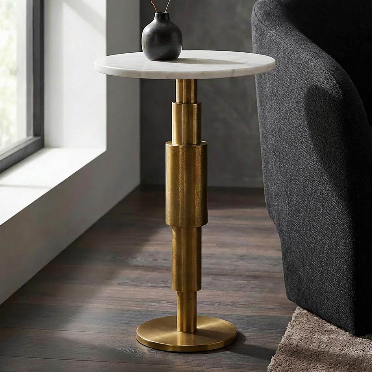 Beistelltisch Wl7.370 - Weiss/Goldfarben, Design, Stein/Metall (37/37/59cm) - Livetastic
