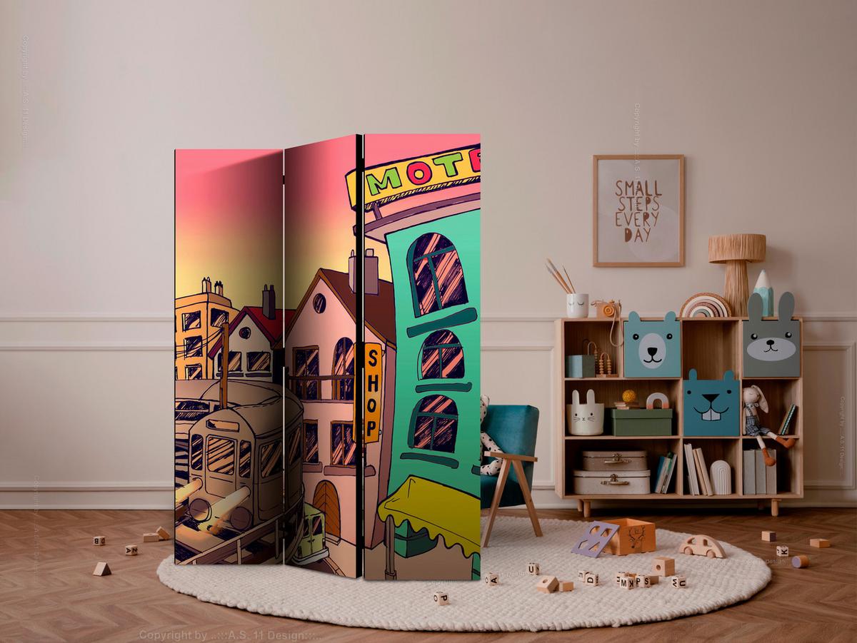 Paravan Morning In A City, 3-Delni, Dvostranski - rumena/pink, Basics, tekstil/les (135/172/3cm) - artgeist