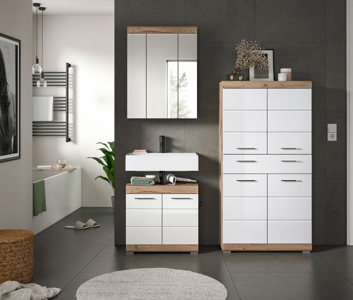 Kopalnica Wave, Bela/hrast - barve kroma/srebrne barve, Moderno, umetna masa/steklo (134cm) - MID.YOU