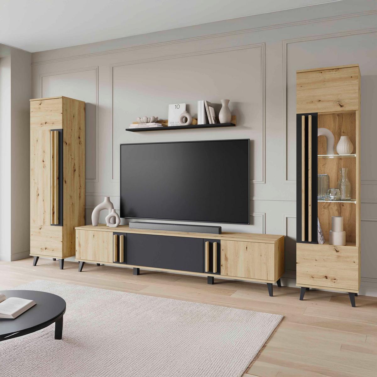 WOHNWAND HELSINKI 02 - Schwarz/Eiche Artisan, Trend, Glas/Holzwerkstoff (260/159,5/33cm) - P & B