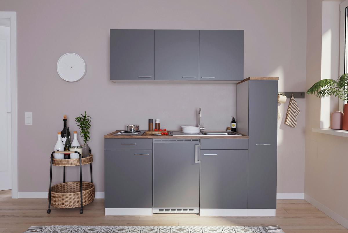 Küchenzeile Economy m. Geräte Grau/Nussbaum B: ca. 180 cm - Nussbaumfarben/Alufarben, Basics, Holzwerkstoff/Kunststoff (180cm) - Respekta