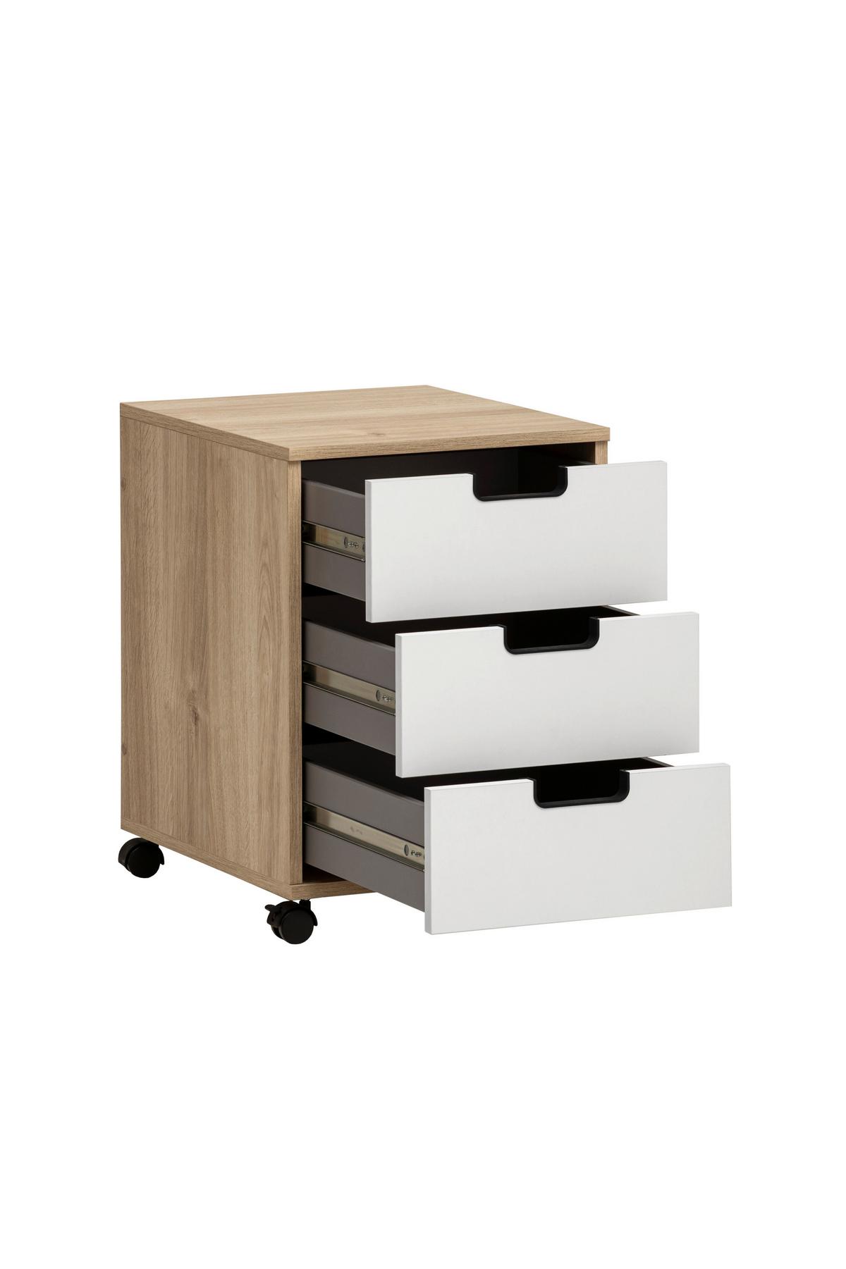 Rollcontainer Emmik Weiß/Eichefarben - Eichefarben/Schwarz, MODERN, Holzwerkstoff/Kunststoff (40,1/57/50cm) - MID.YOU