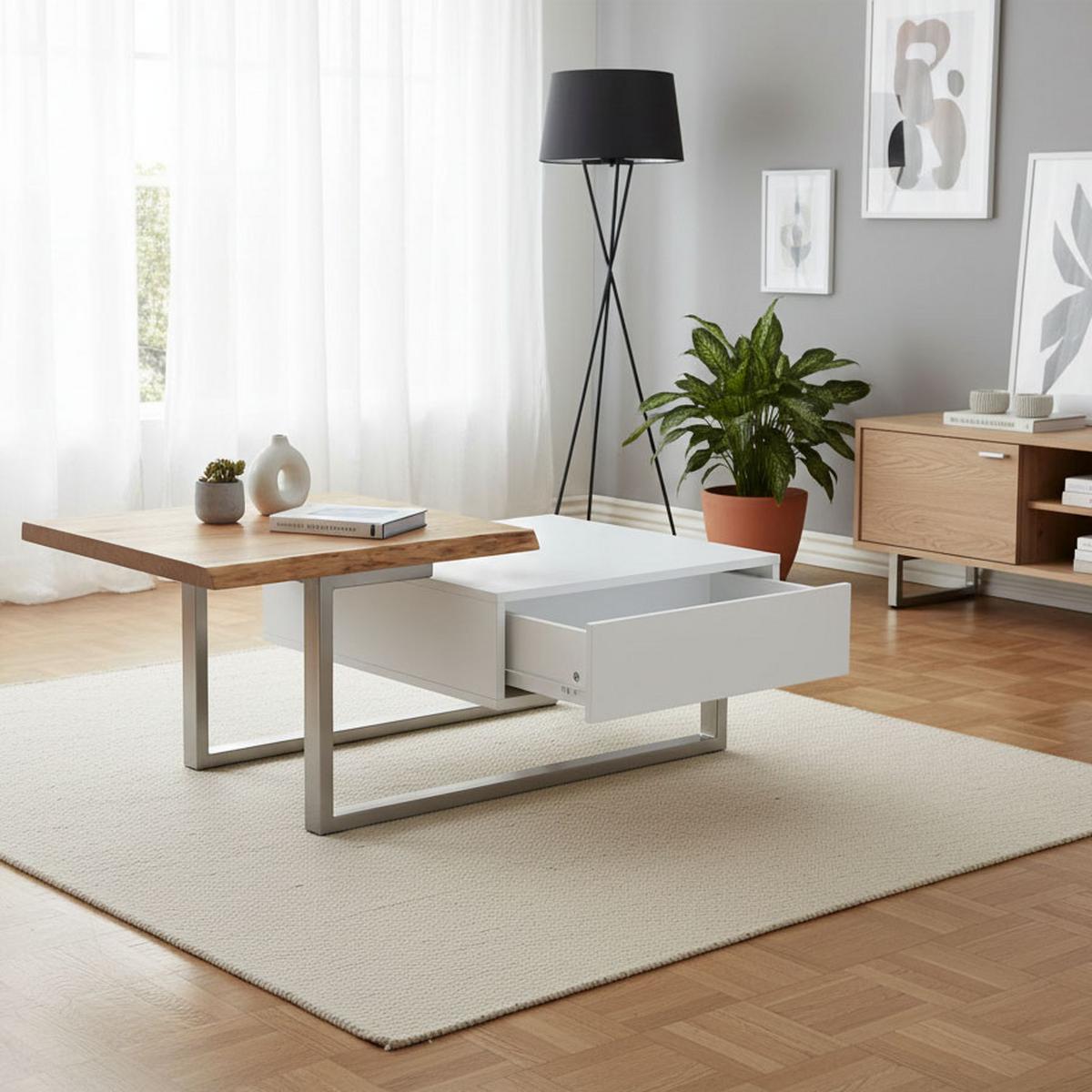 Couchtisch Carlos Weiß/Eichefarben Echtholz/MDF - Eichefarben/Weiß, MODERN, Holz/Metall (110/61/40cm) - Bessagi Home