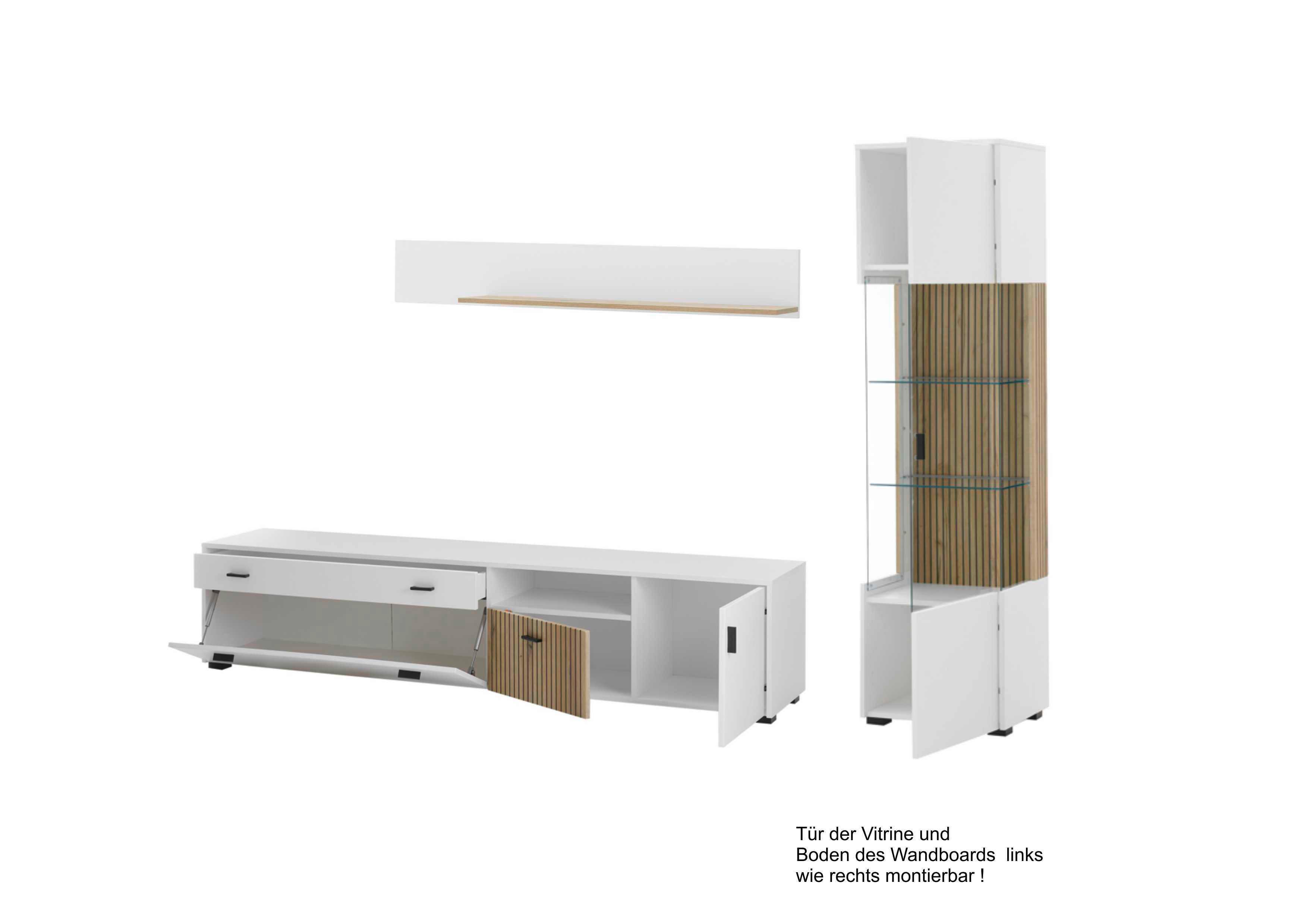 Wohnwand Hudson Weiß/Eichefarben - Eichefarben/Schwarz, Design, Glas/Holzwerkstoff (258/180/42cm) - MID.YOU