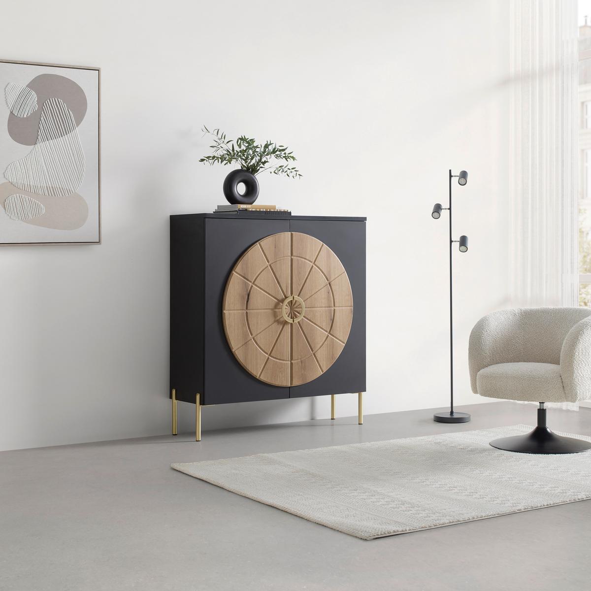 Highboard Hong Kong Schwarz/Eichefarben - Eichefarben/Goldfarben, LIFESTYLE, Holzwerkstoff/Metall (100/113/37,5cm) - Mömax