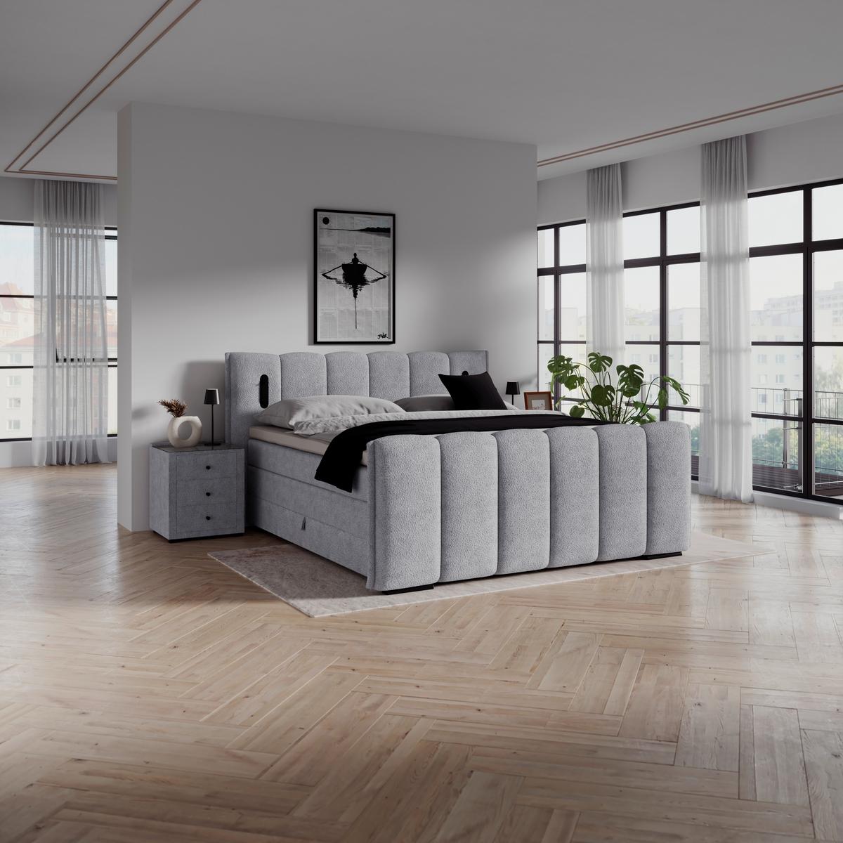 Boxspring Krevet Elysia - svijetlo siva/crna, Trend, drvni materijal/drvo (160/200cm) - Premium Living