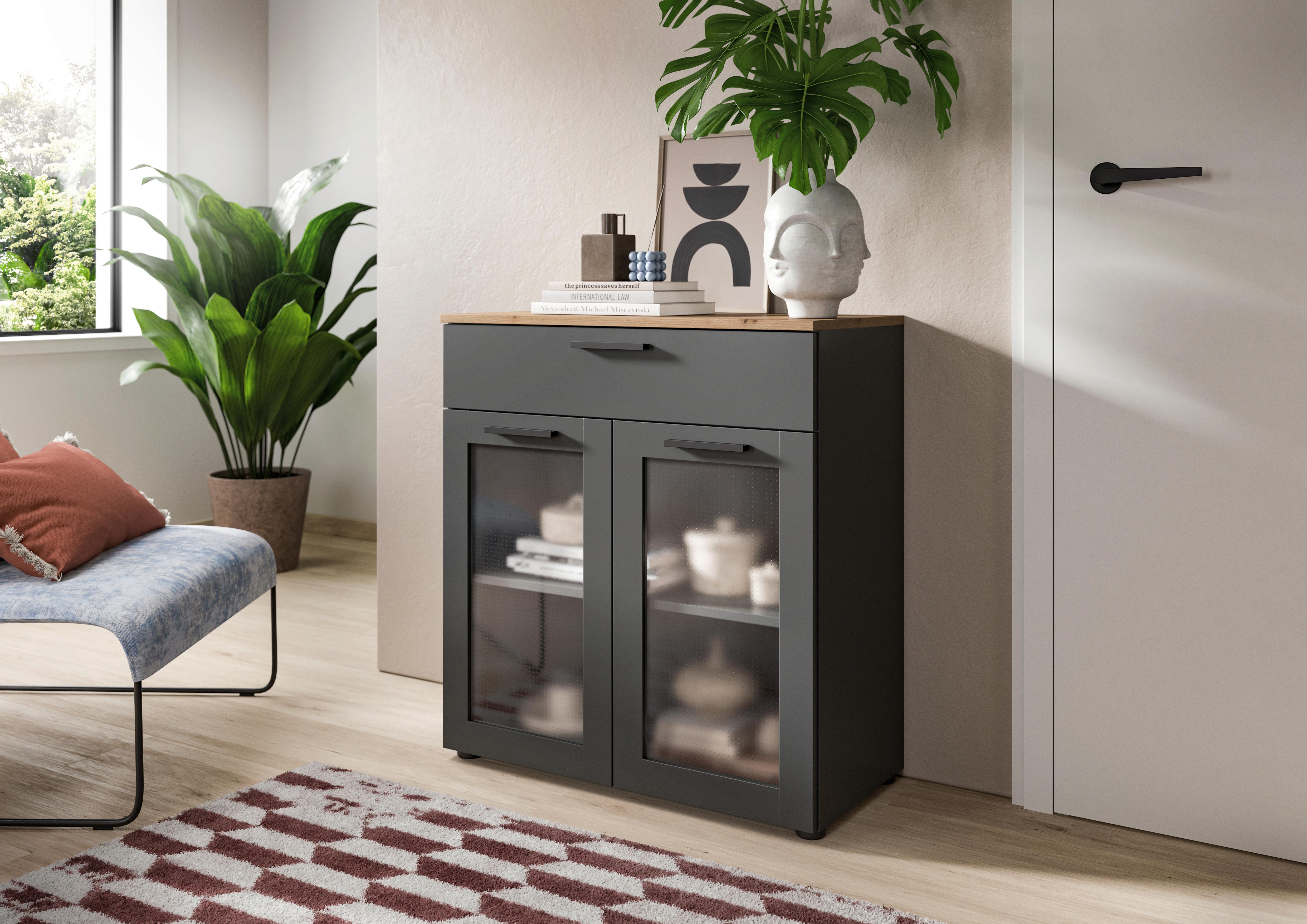 Vitrina Niklas - siva/hrast Artisan, Design, staklo/drvni materijal (78/84/38cm) - Modern Living