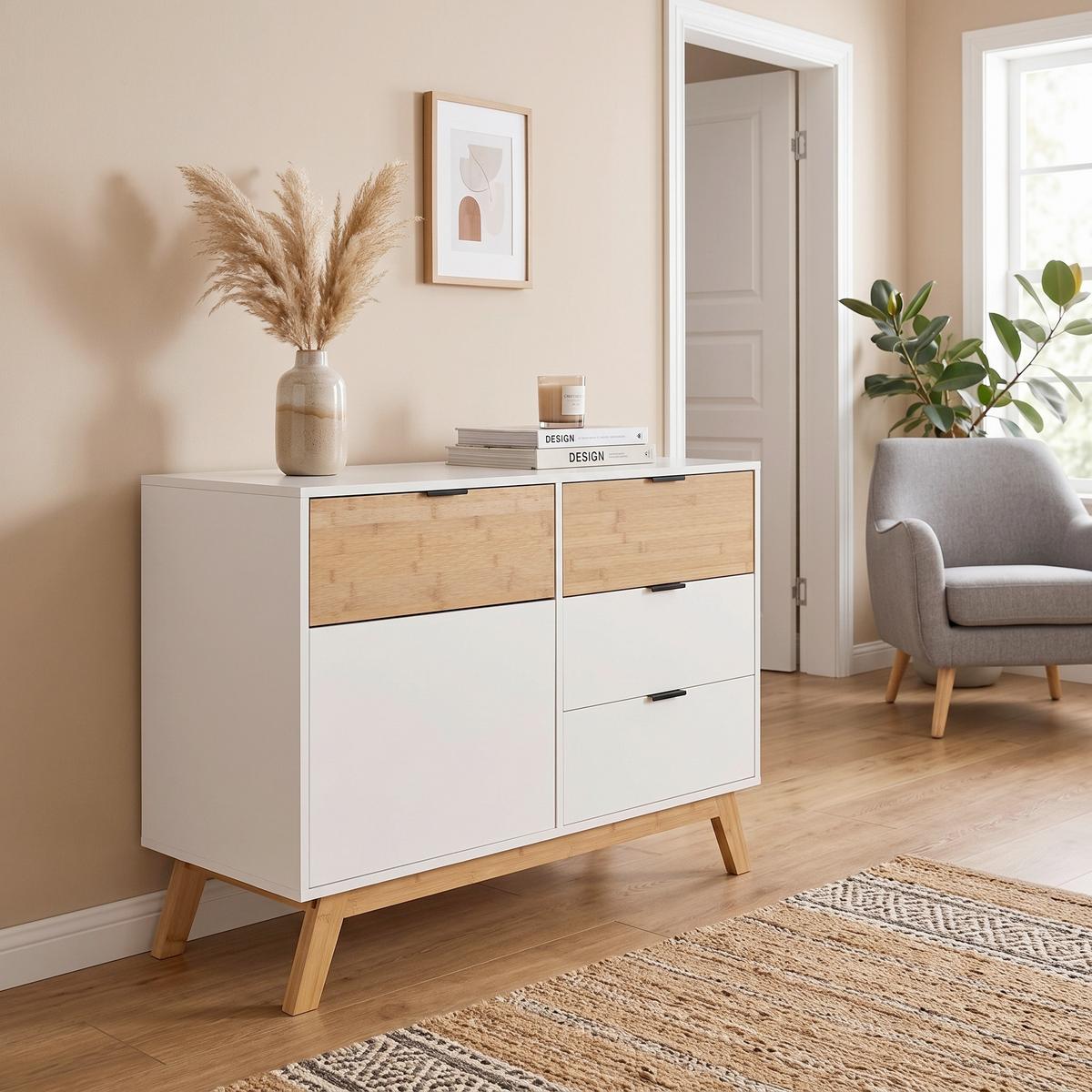 Pisa Komoda - bela/prirodna boja, Trendi, metal/drvo (100/80/40cm) - Modern Living