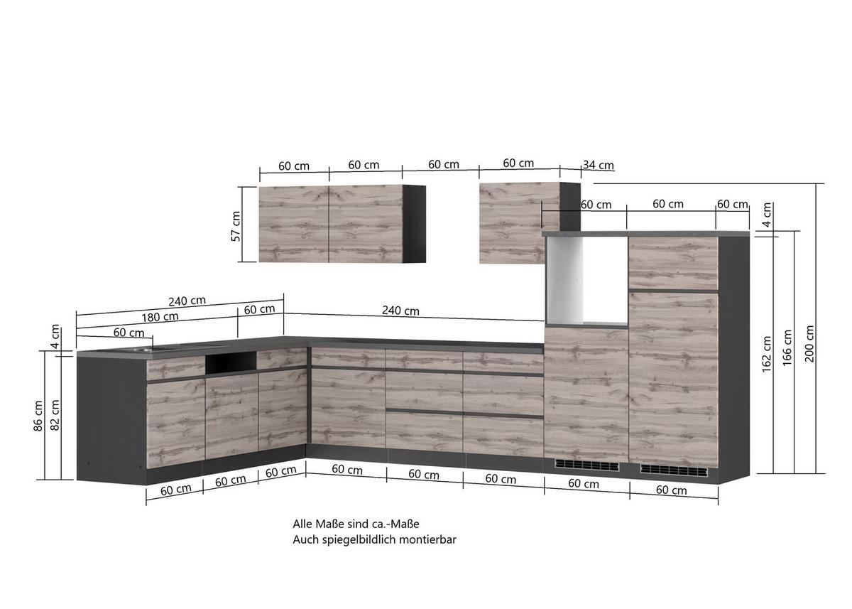Eckküche Turin ohne Geräte ca. 360x240 cm Graphit/Eiche - Eiche Wotan, Design, Holzwerkstoff (360cm) - Held